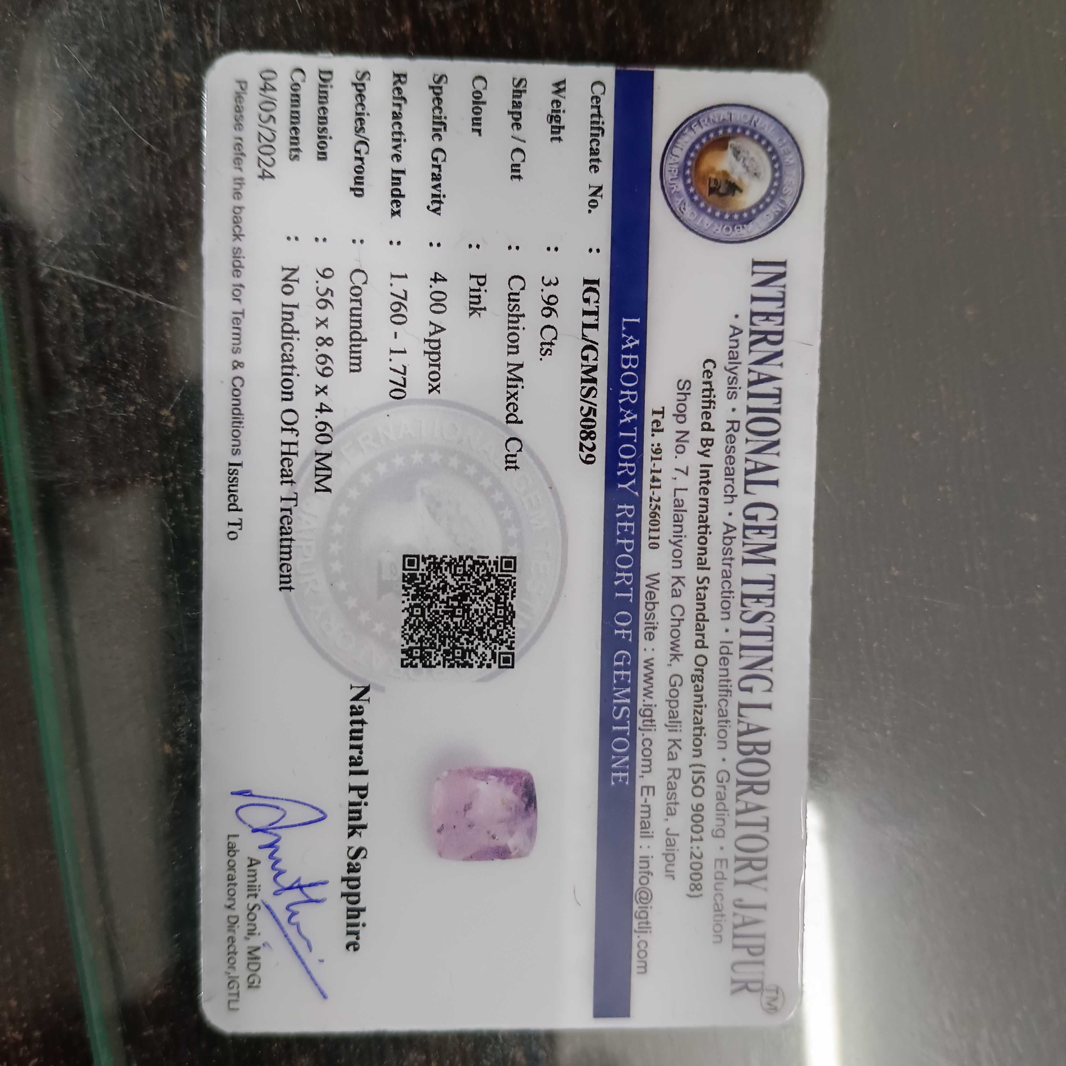 3.96ct certified natural pink cushion cut sapphire stone