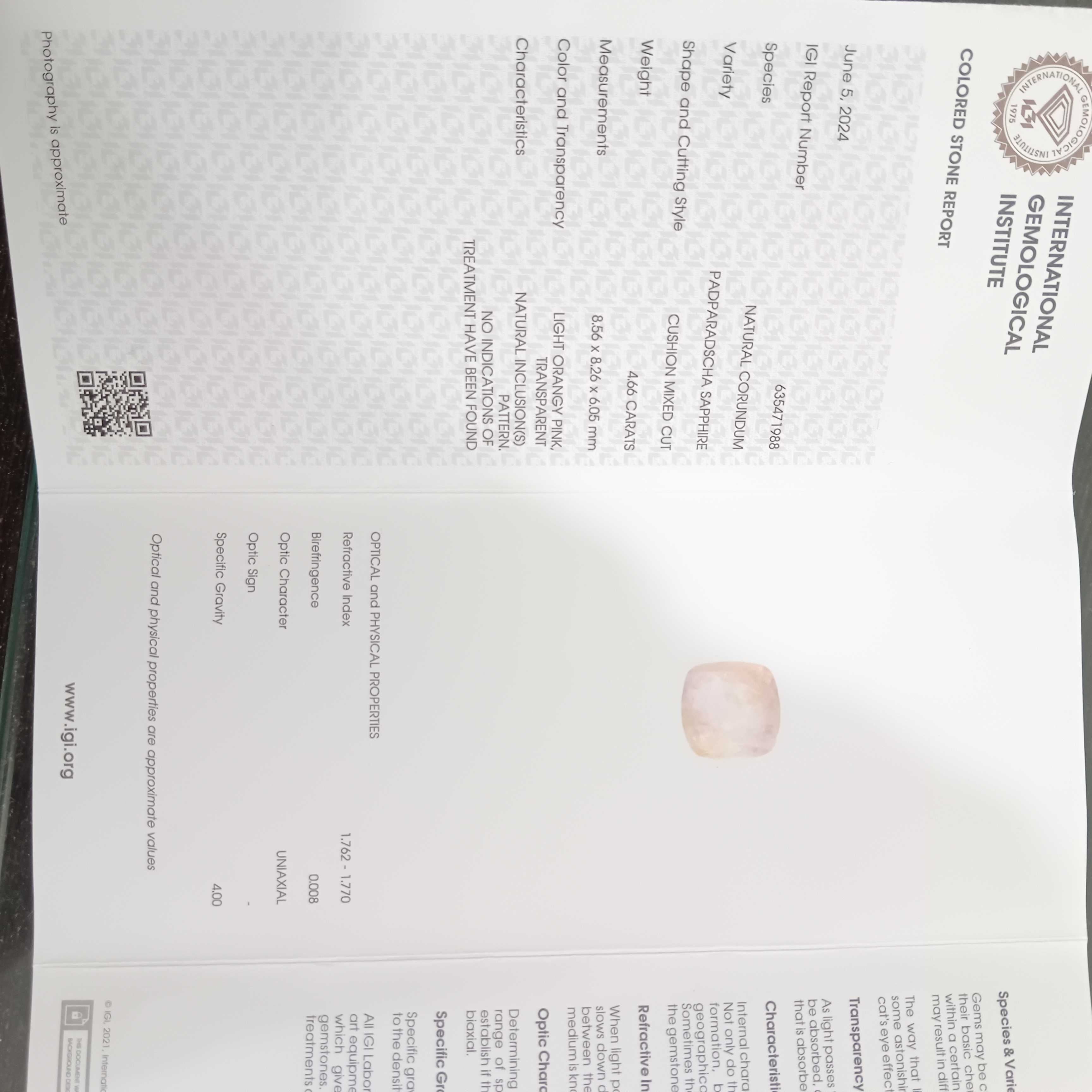 4.66ct IGI certified cushion mix Ceylon origin padparadscha sapphire gem