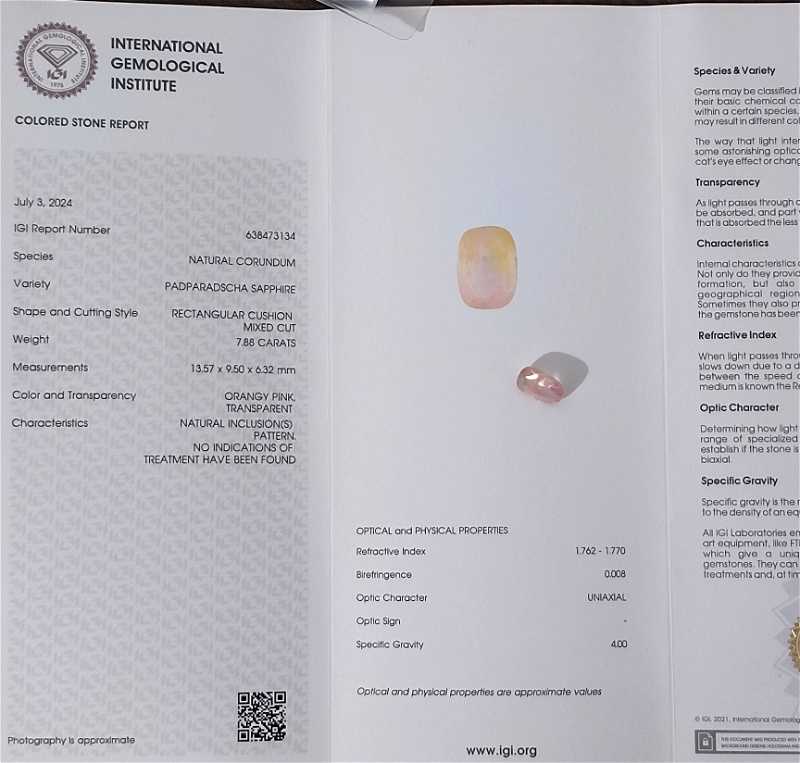 7.88ct IGI certified Unheated Ceylon padparadscha sapphire gemstone