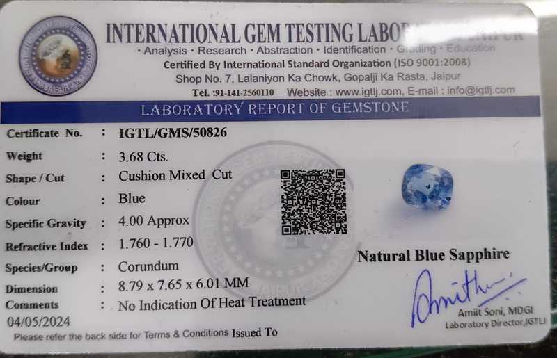 3.68cts certified shiny unheated untreated sky blue cushion cut sapphire gemstone 