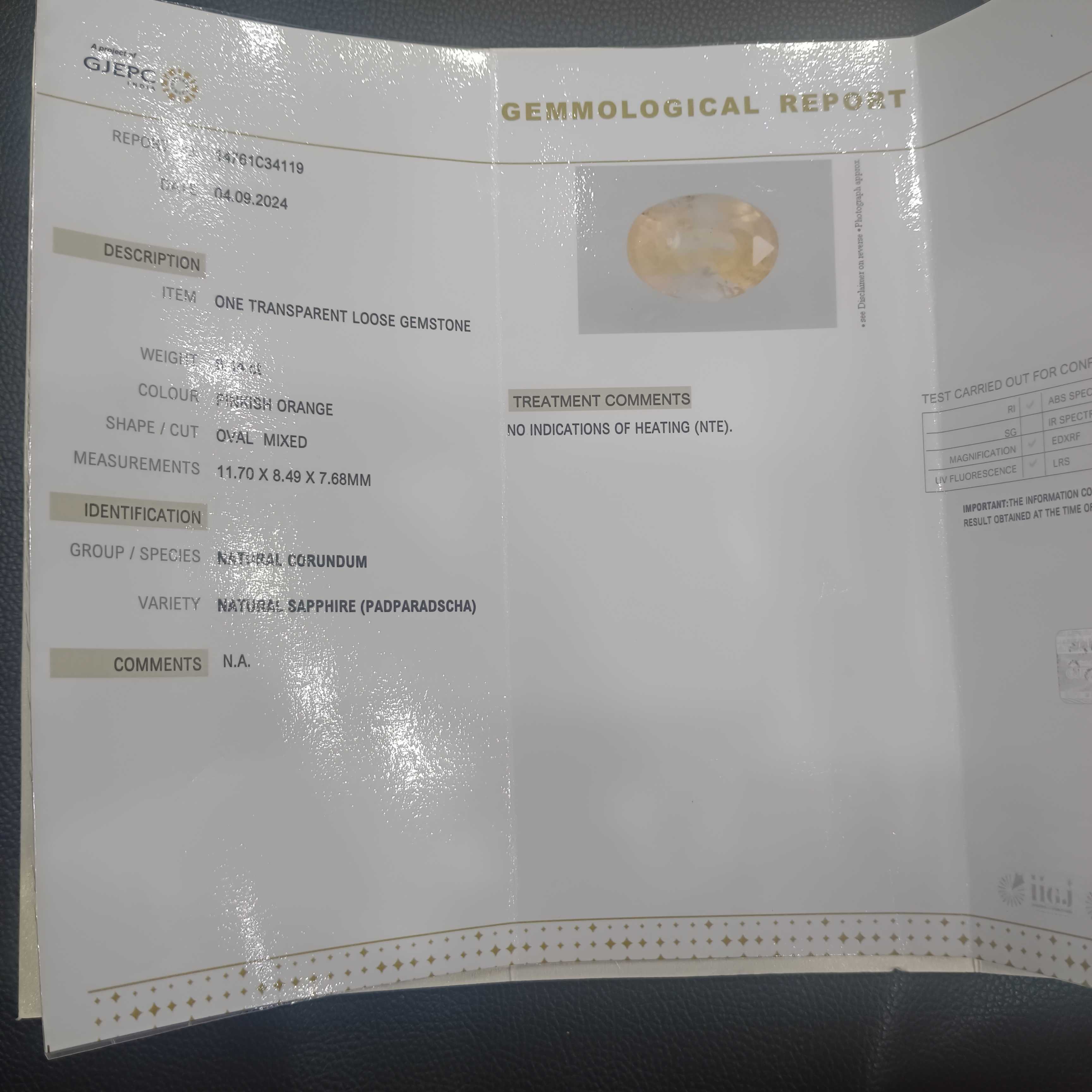 6.44ct GJEPC & AGR certified Srilankan padparadscha sapphire gemstone oval cut unheated 