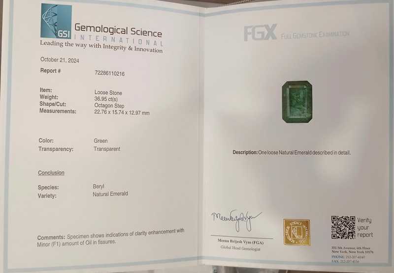 36.95ct GSI certified deep jungle green octagon cut emerald gemstone