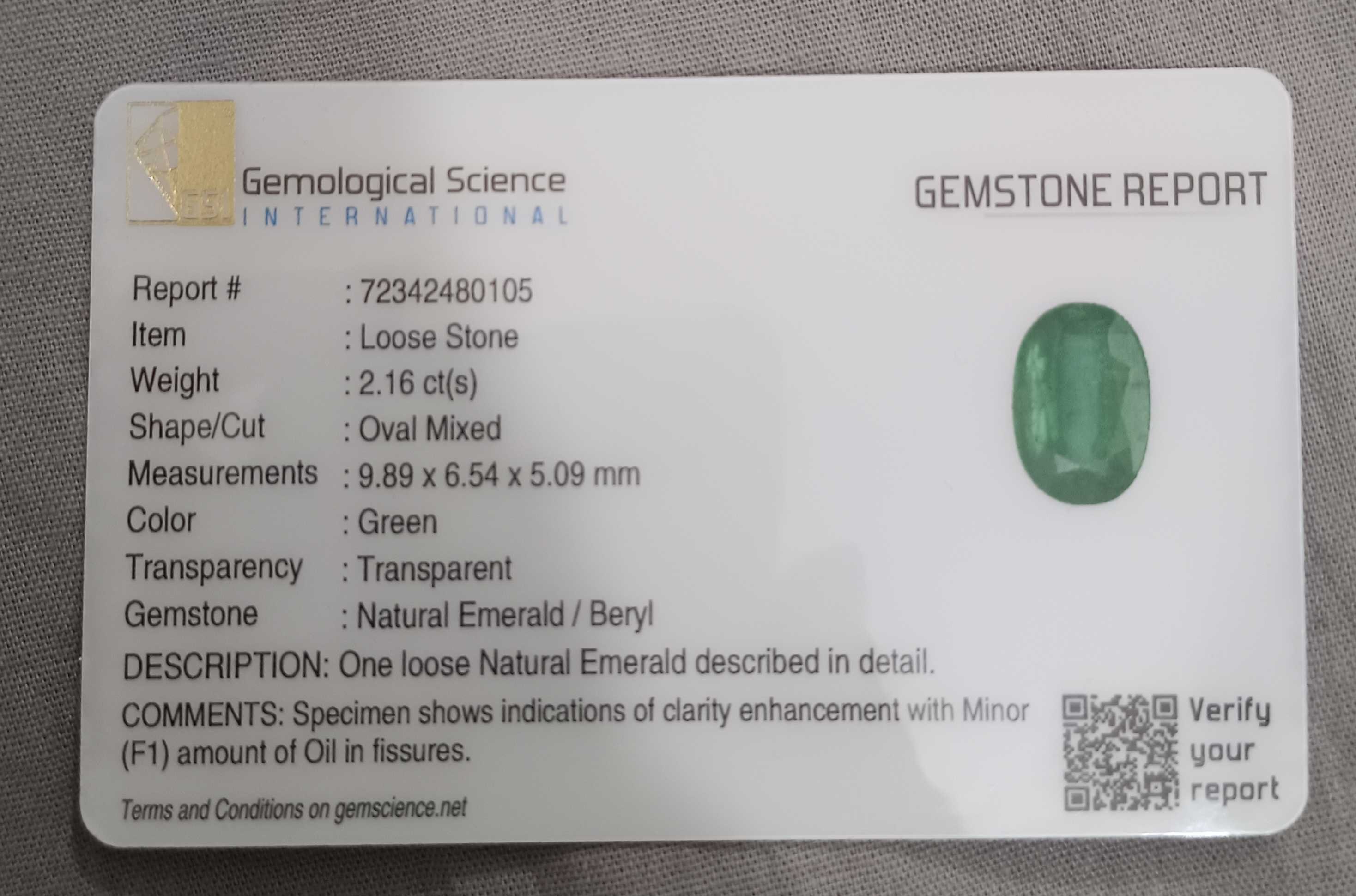 2.16ct GSI certified misty golden green oval cut Colombian emerald gem