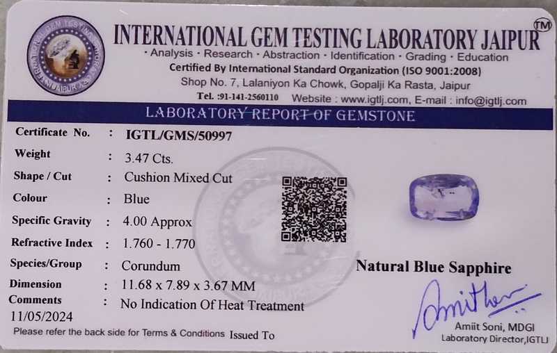 3.47ct certified cushion cut purplish blue untreated Ceylon sapphire gemstone