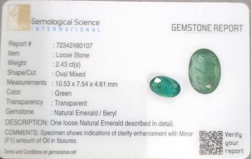 2.43ct GSI certified medium green oval cut Swat emerald gemstone 