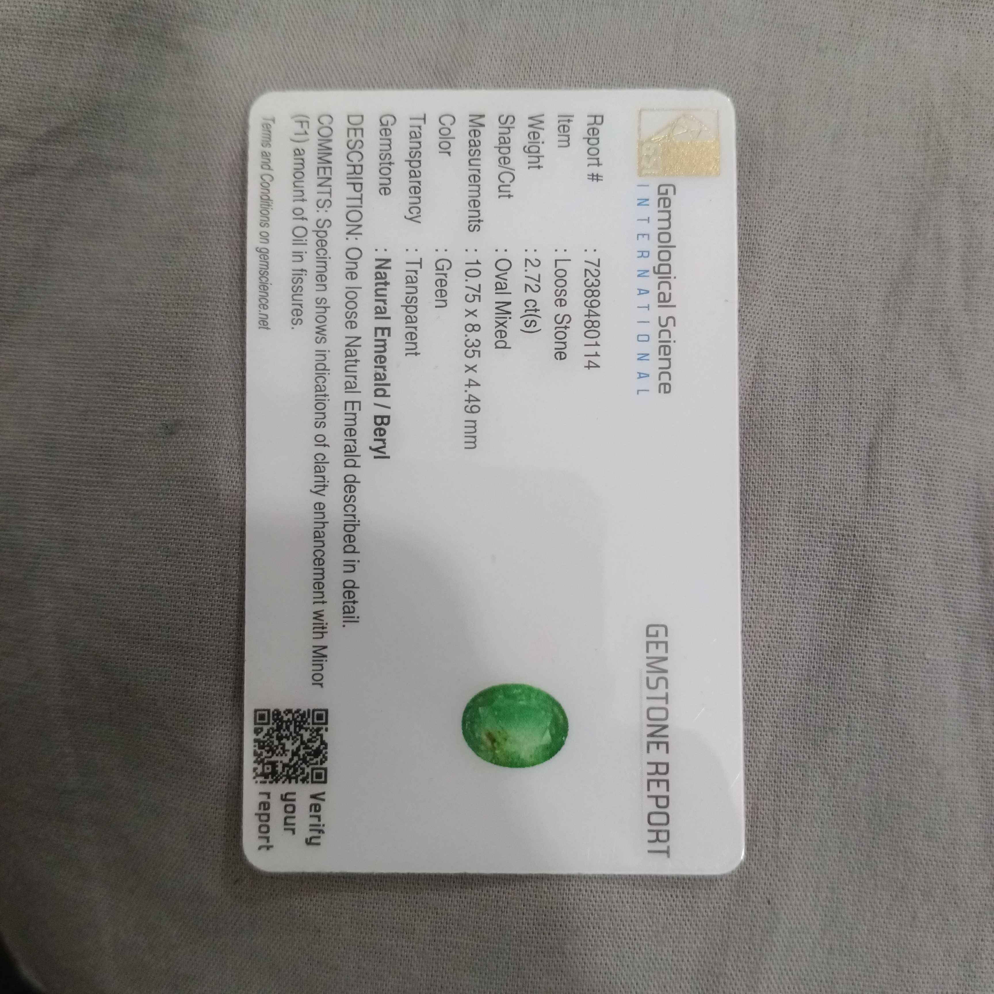2.72ct GSI certified mint leaf green loose oval cut emerald gemstone 