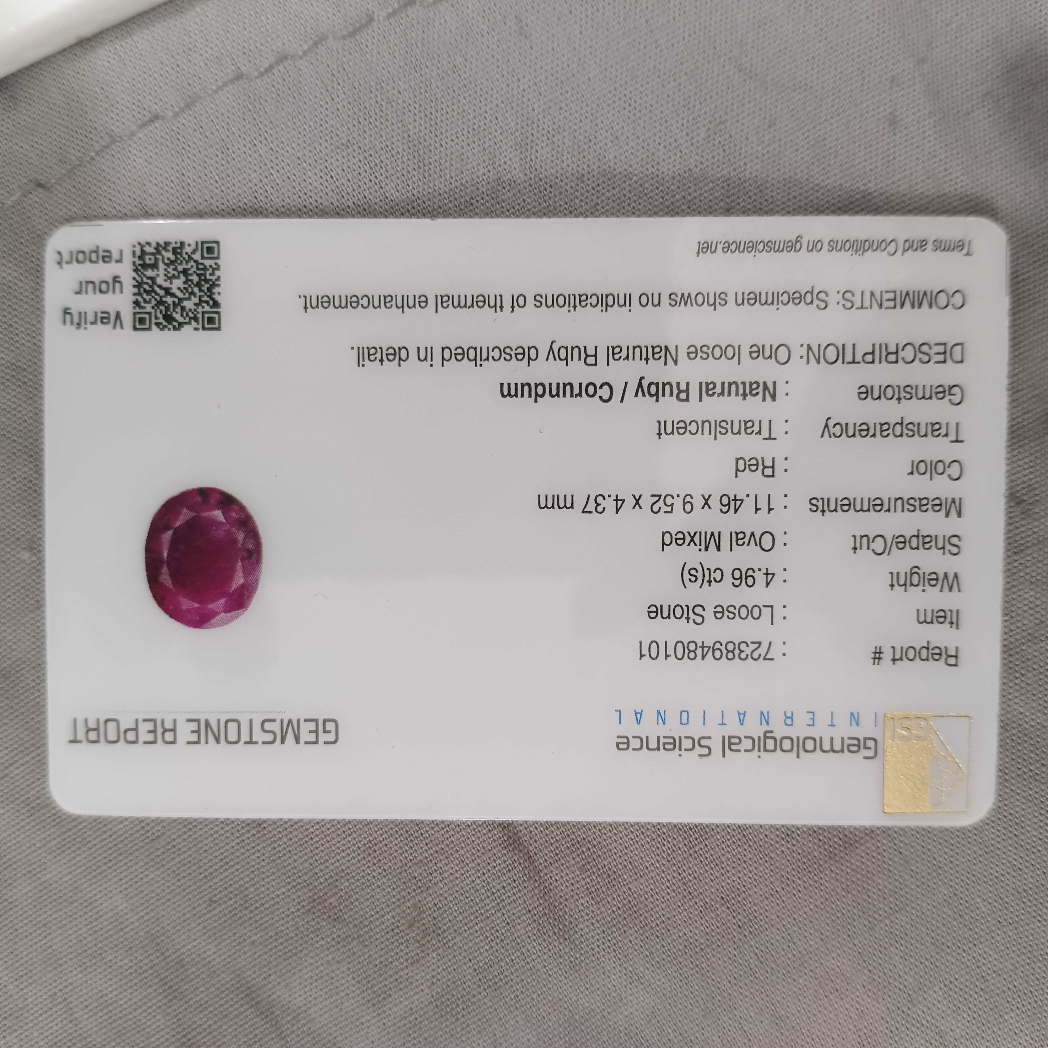 4.96ct GSI certified natural unheated untreated oval cut ruby gemstone