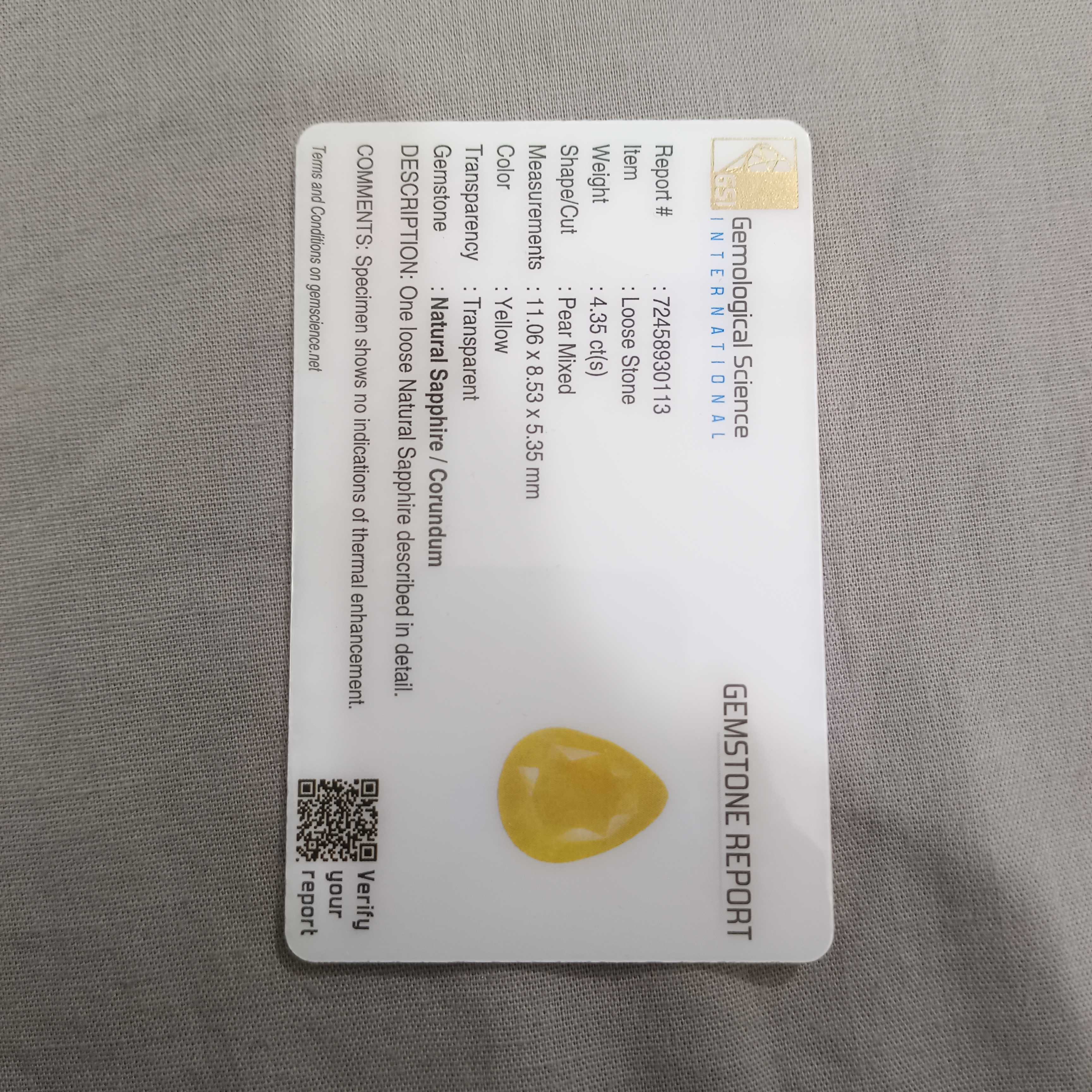 4.35ct GSI certified pear shape unheated yellow sapphire gemstone 