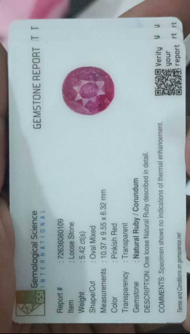 5.42ct GSI (USA) untreated transparent certified pinkish red oval mix shape Ceylon ruby stone