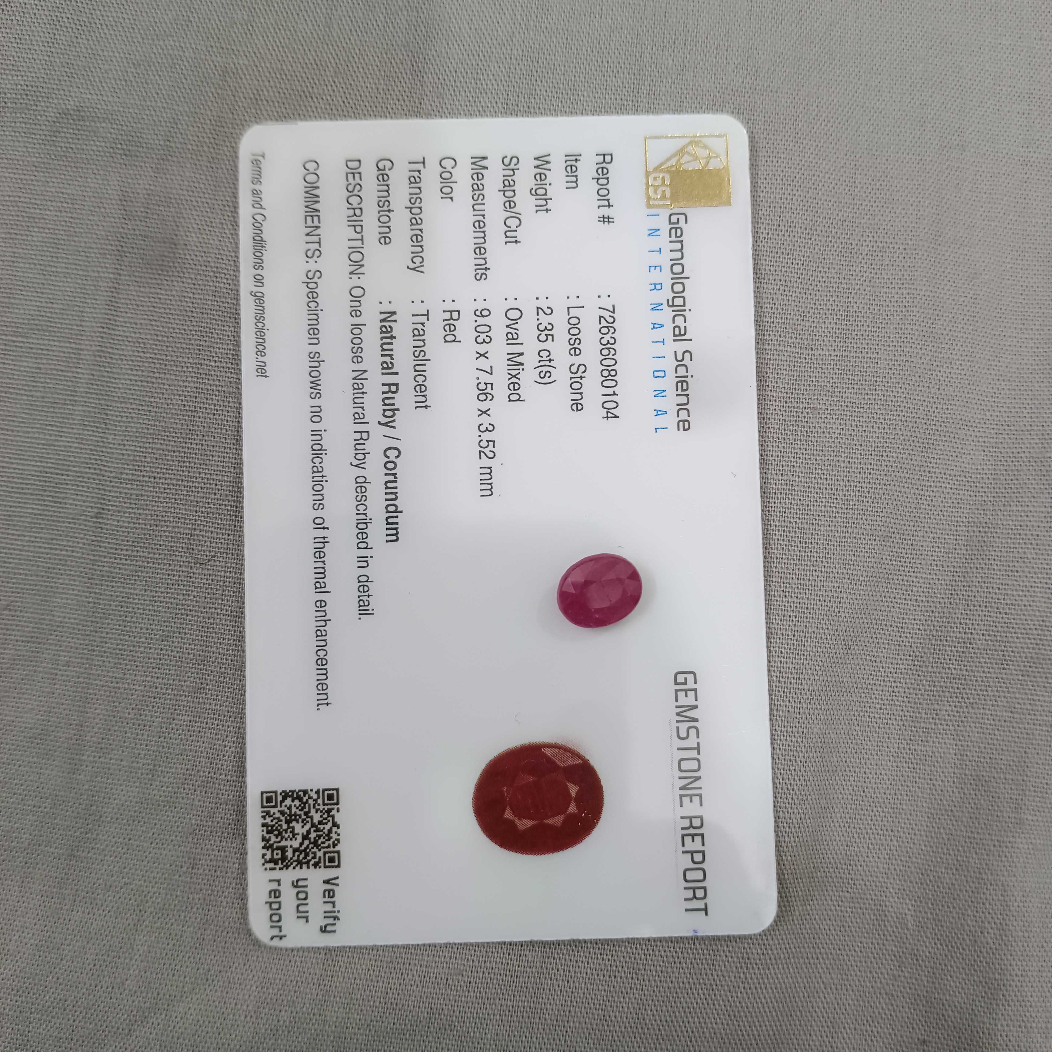2.35ct GSI certified deep pinkish red oval cut Guiena origin ruby gemstone 