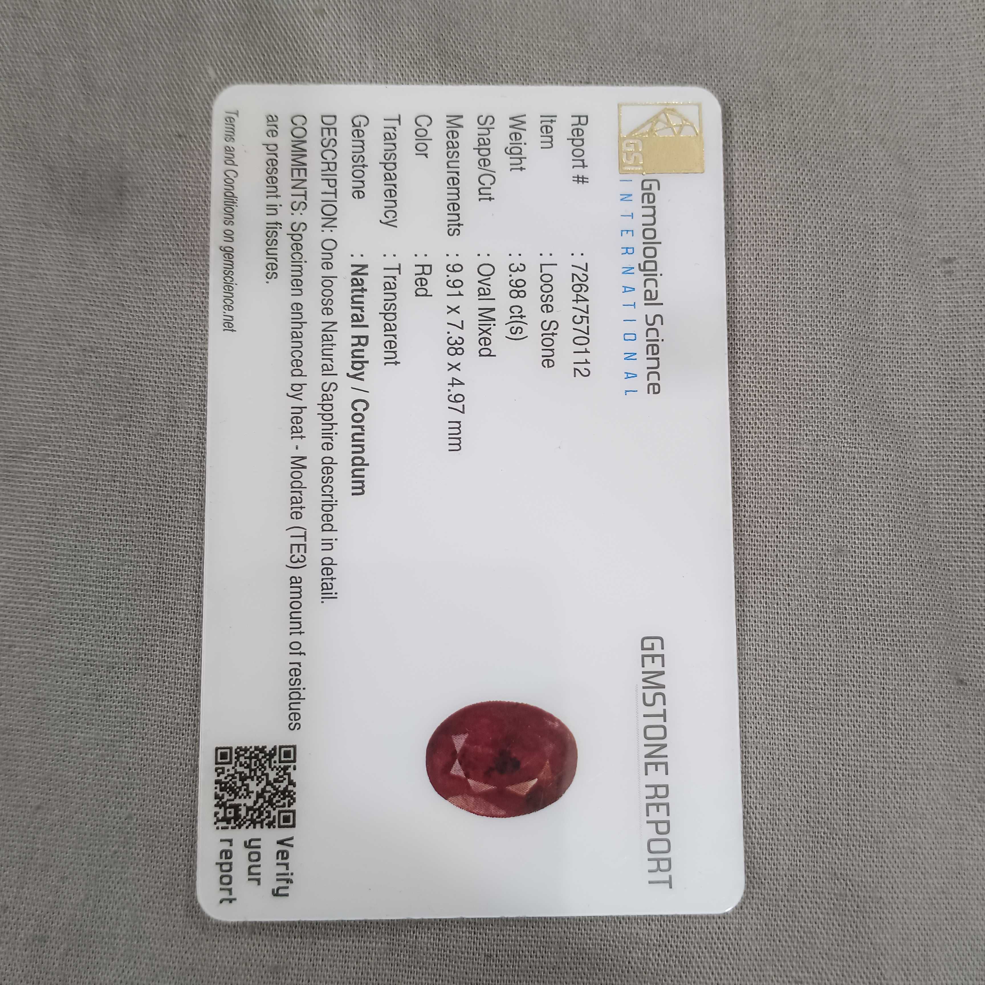 3.98ct GSI (USA) certified oval cut medium red Ceylon ruby gemstone H
