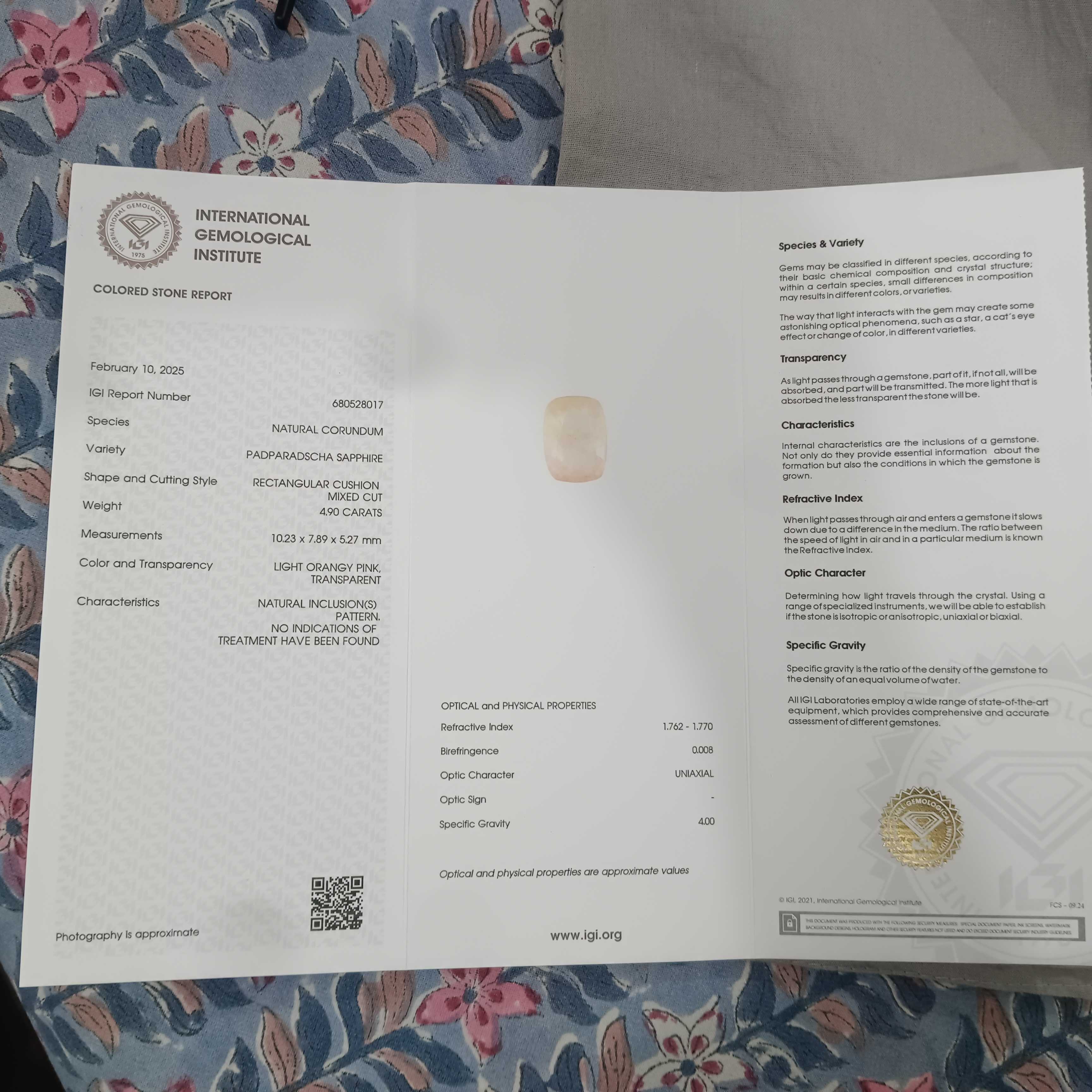 4.90cts IGI certified cushion mix unheated Ceylon padparadscha sapphire gem