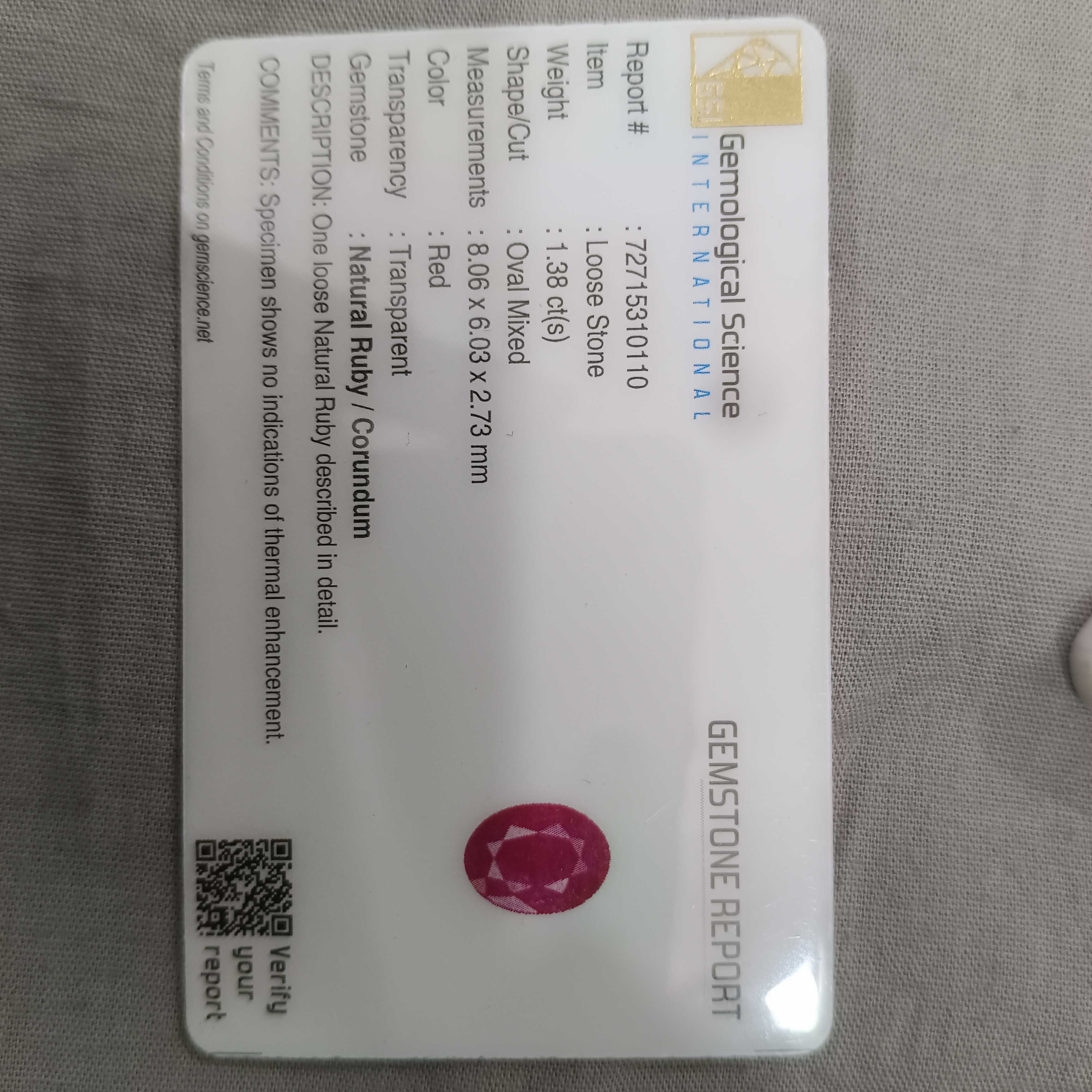 1.38cts GSI certified untreated transparent natural ruby gemstone 