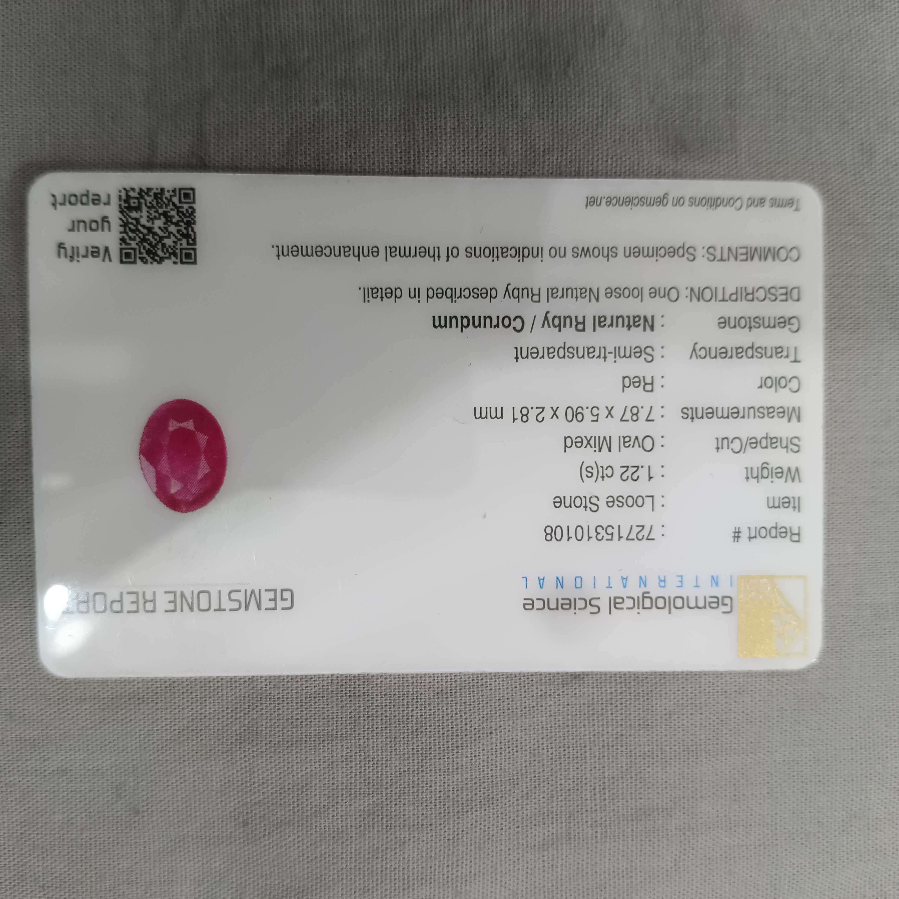 1.22cts certified unheated pinkish red oval shaped African ruby stone