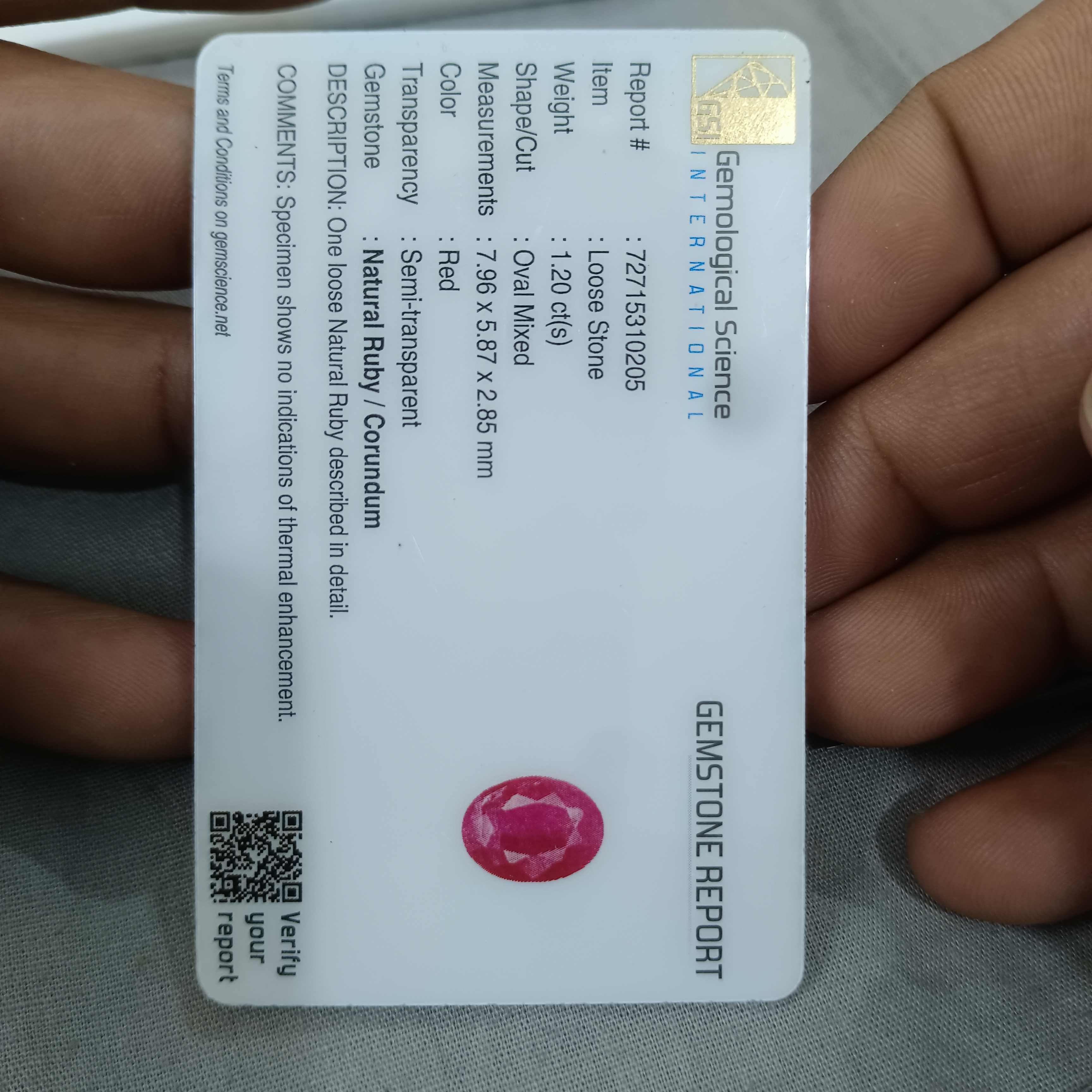 1.20cts certified purplish red oval cut unheated African ruby gemstone 