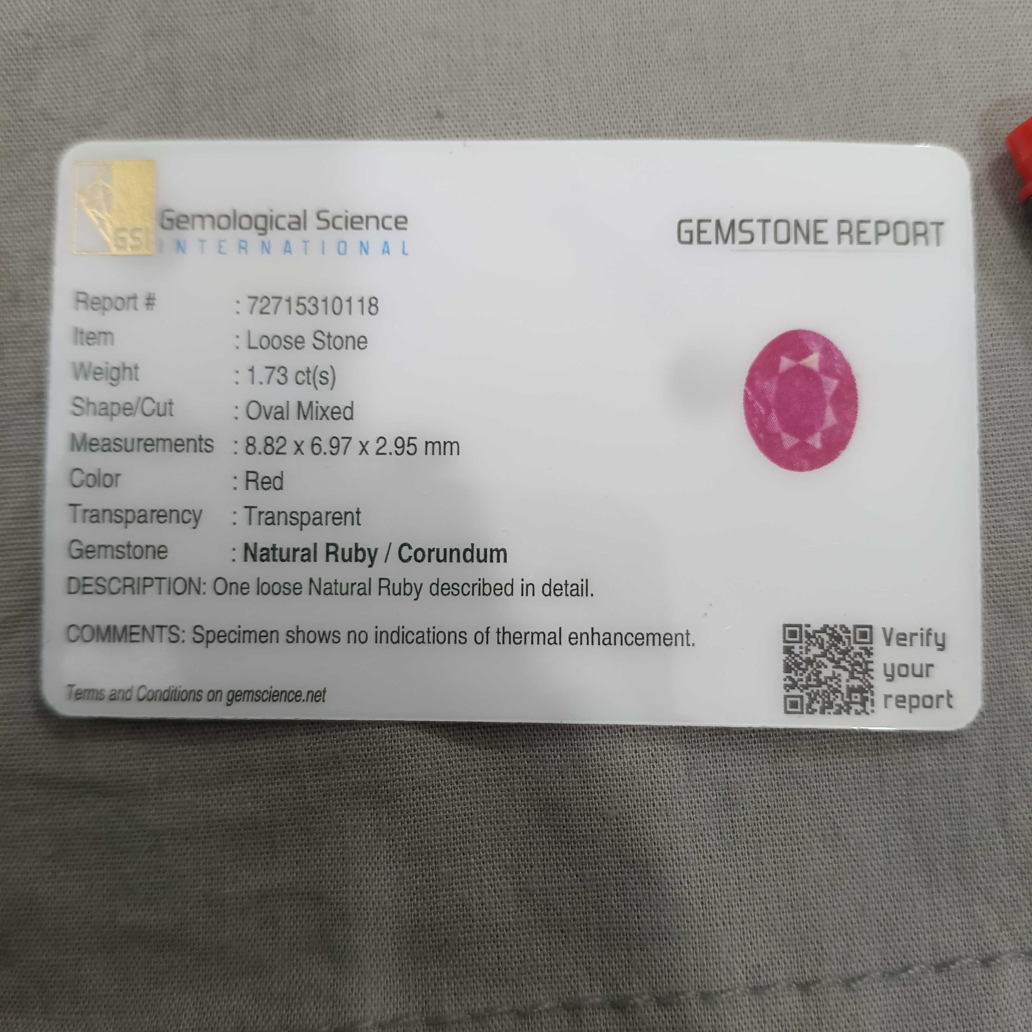 1.73cts GSI certified unheated oval mix cut ruby gem