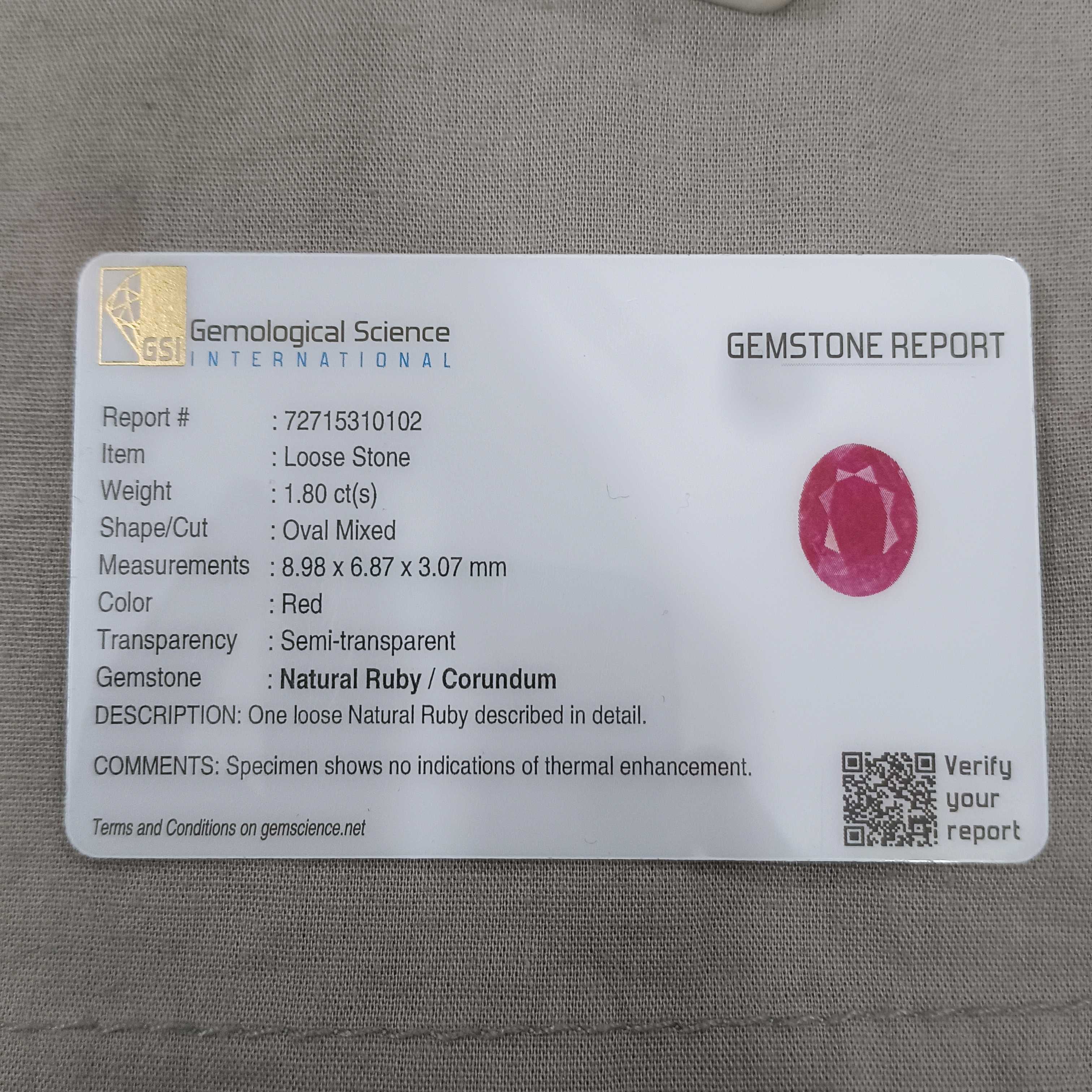 1.80cts certified natural purplish pinkish red unheated oval shape African ruby stone