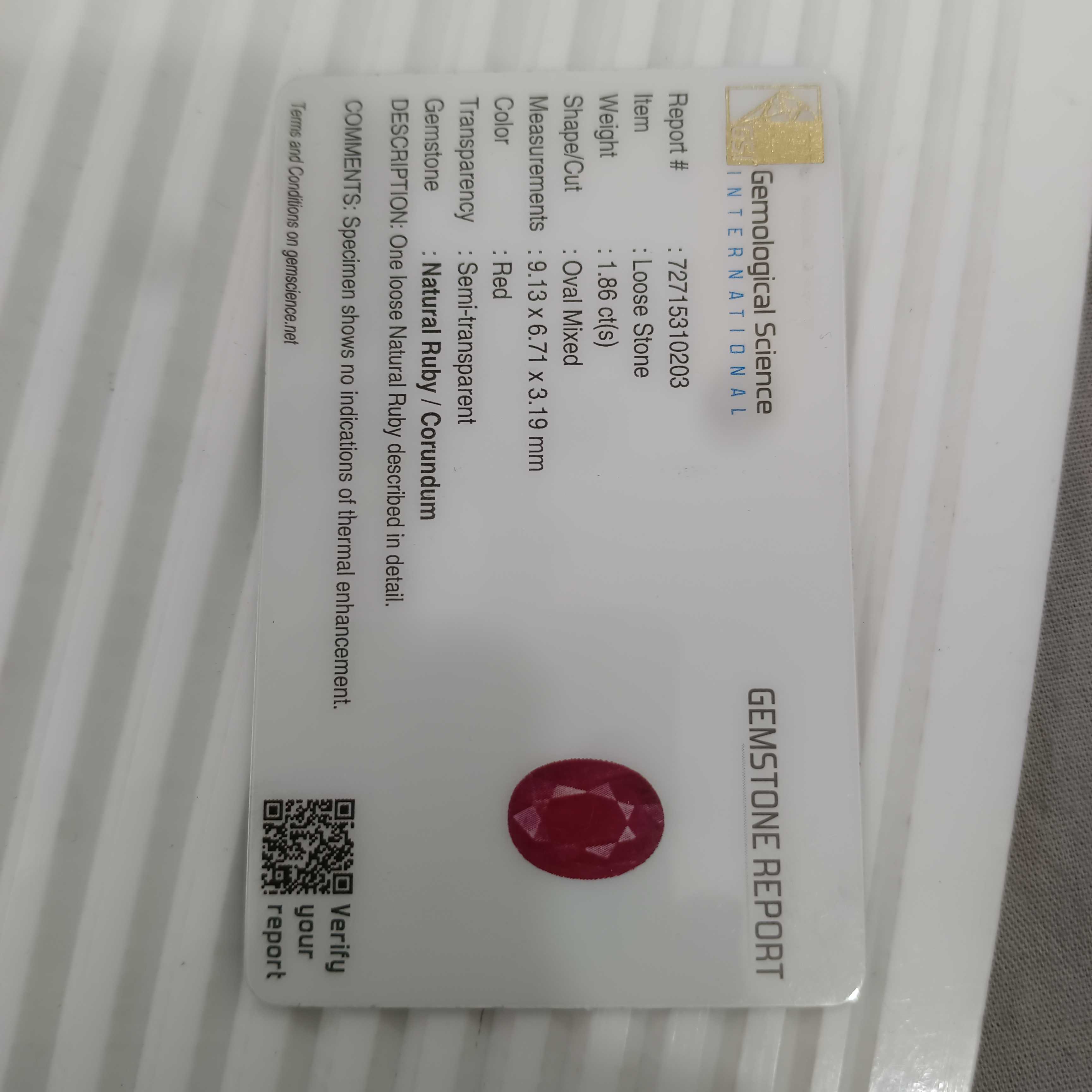 1.86cts certified natural purplish red glossy oval cut unheated Mozambique ruby gem