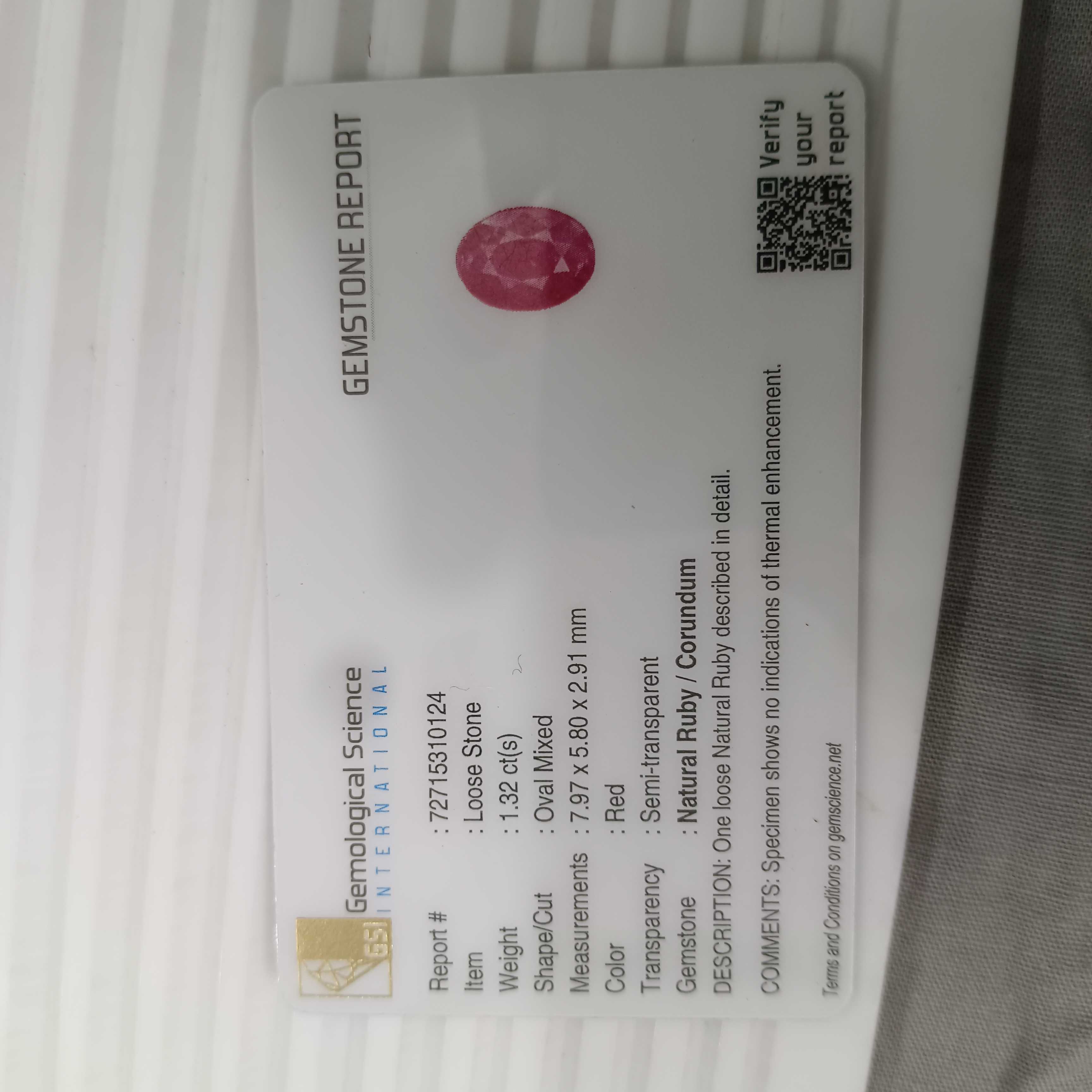 1.32cts certified oval step cut untreated semi transparent natural ruby 