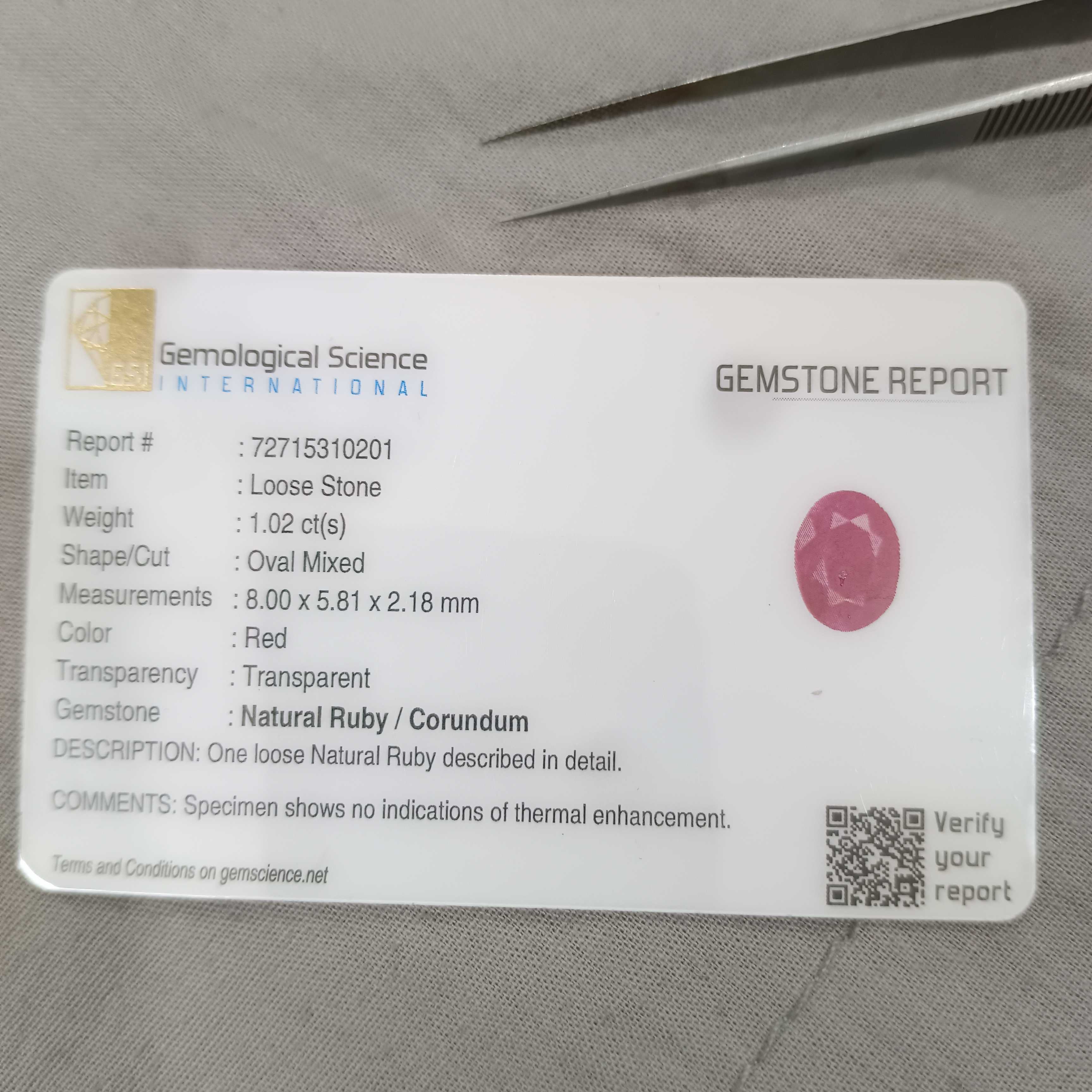 1.02 carat certified oval mix cut untreated red ruby gemstone 