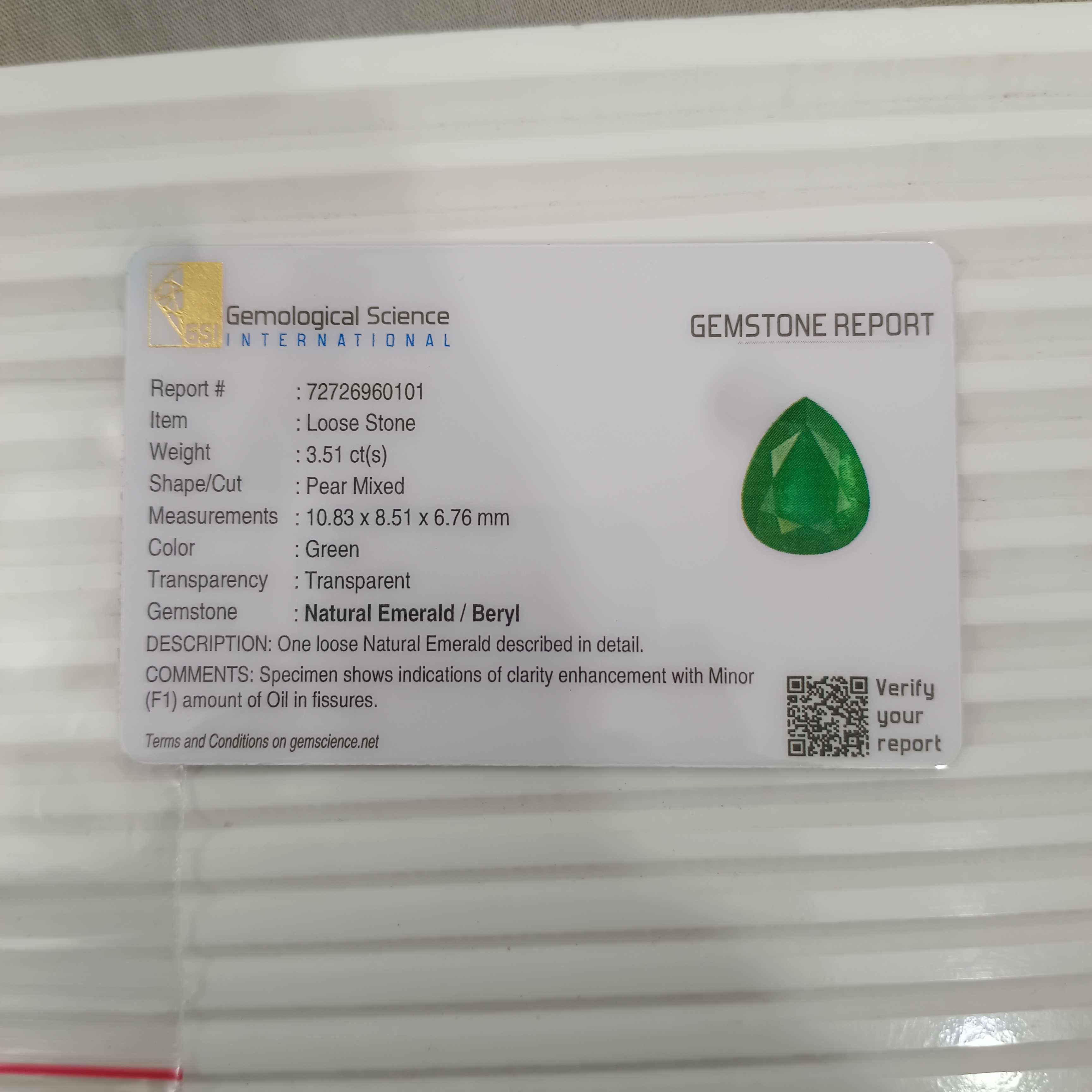 3.51cts GSI certified deep algae green pear cut Zambian emerald gemstone 