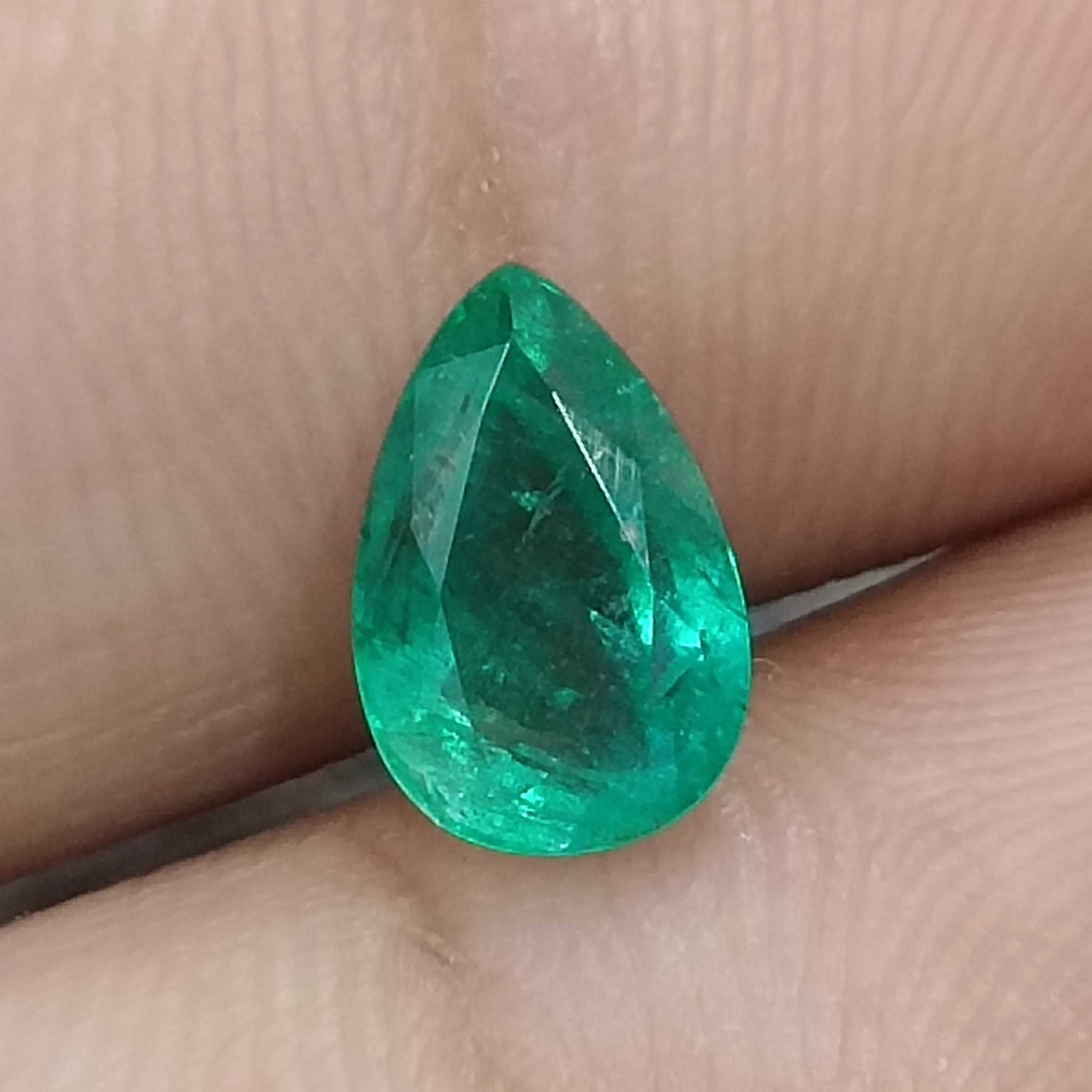 1.51cts natural golden green colour pear shaped Zambian emerald /