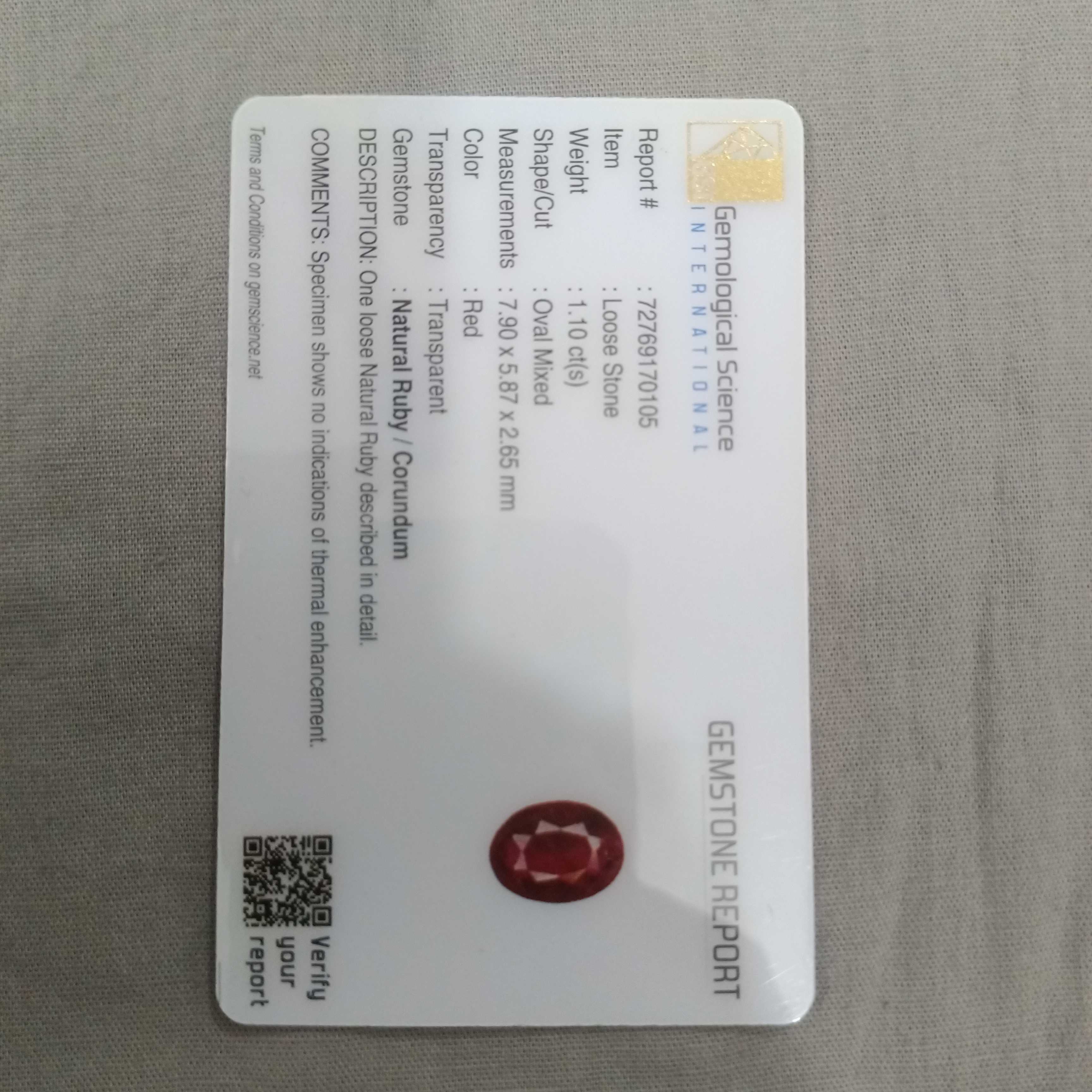 1.10cts GSI certified natural deep maroon red oval cut African ruby gem 