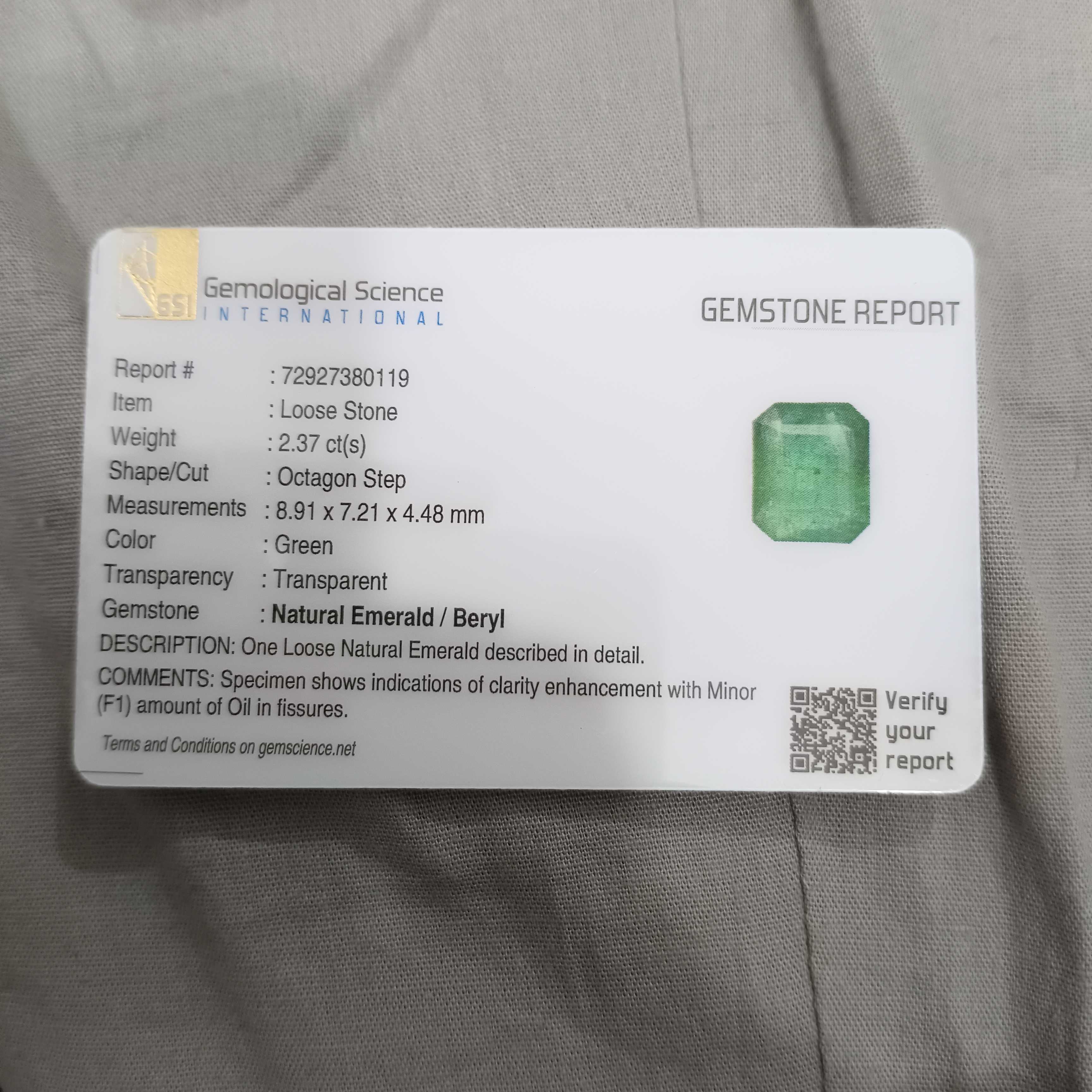 2.37cts GSI certified grass green octagon cut emerald gem 