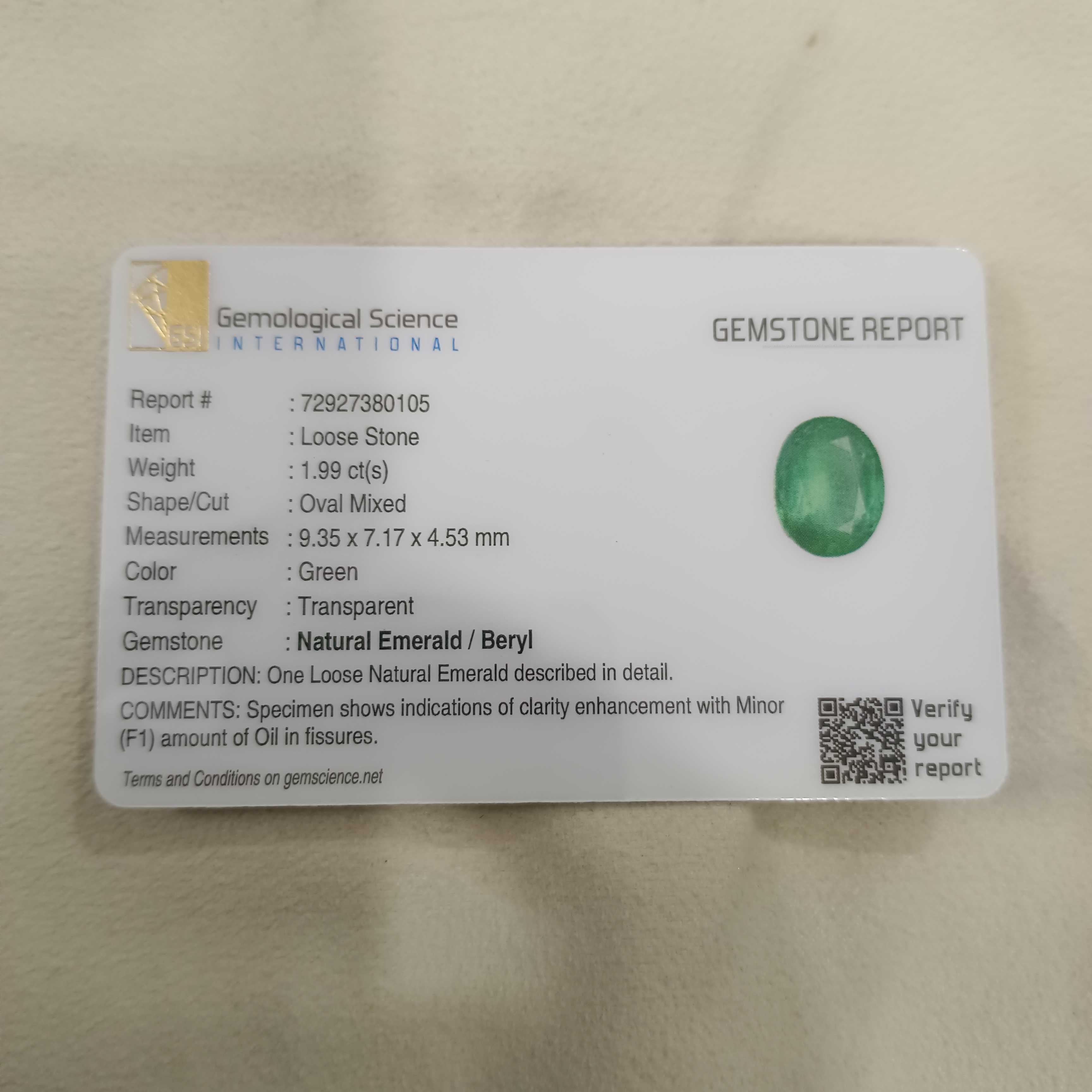 1.99cts GSI Certy sea green oval cut Swat emerald gem