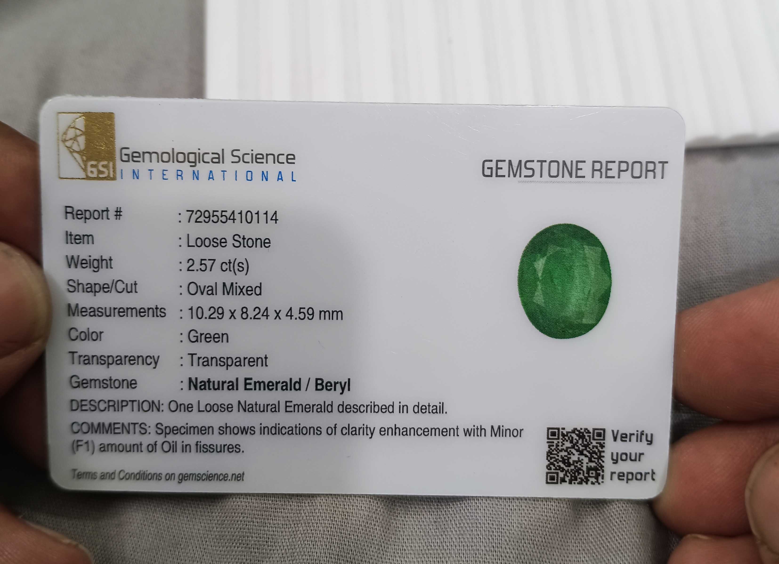 2.57cts GSI natural alpine green oval shaped emerald gemstone 