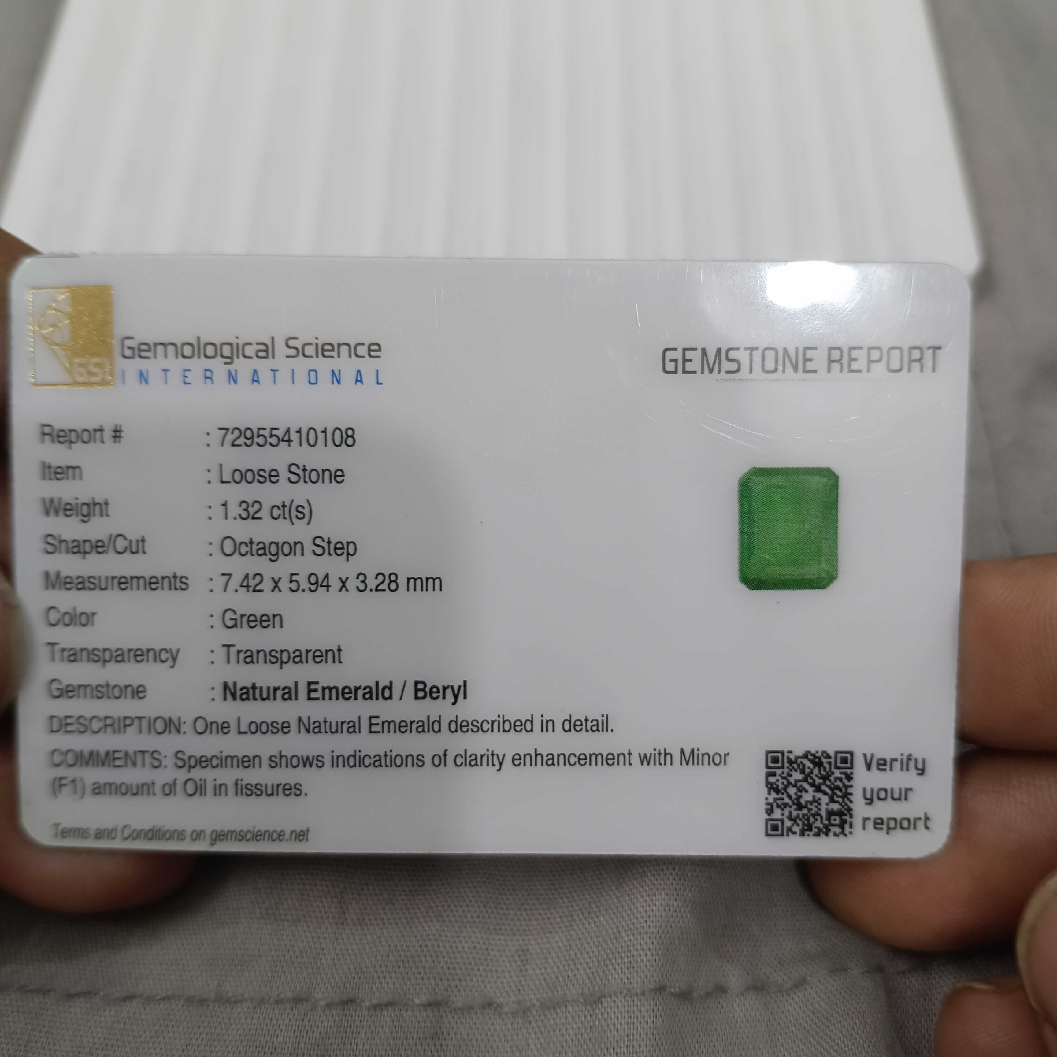 1.32cts certified medium green octagon cut Zambian emerald 