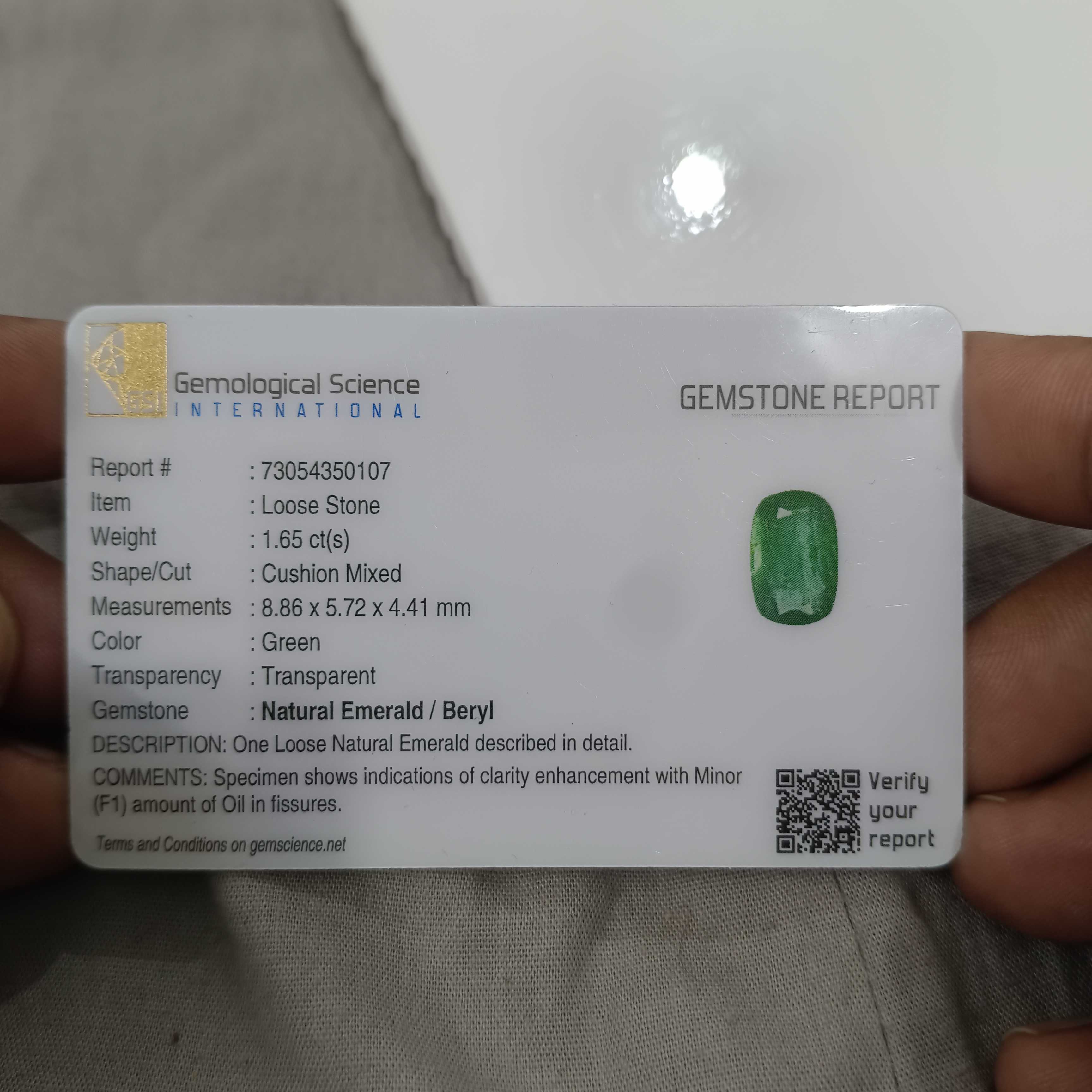1.65cts GSI (USA) certified golden green cushion cut Zambian emerald stone