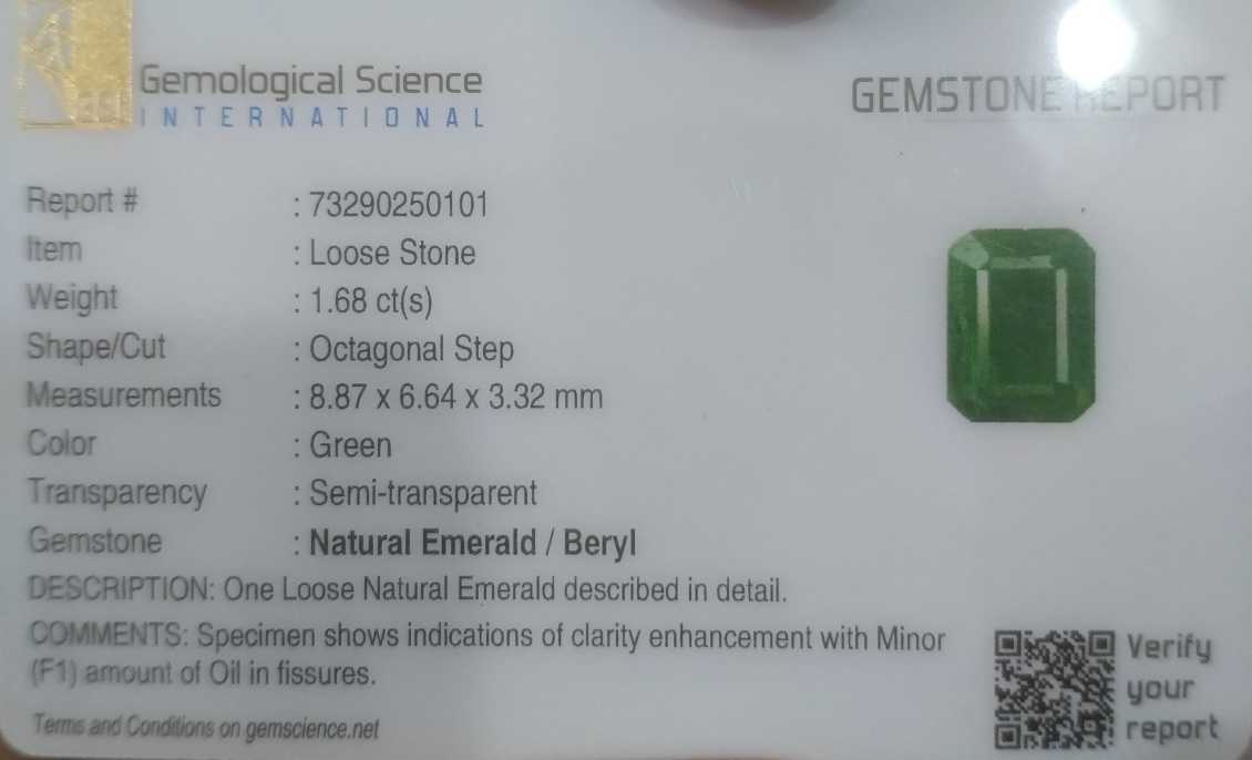 GSI USA Certified 1.68ct Emerald Cut Dark Pure Green Natural Zambian Emerald 