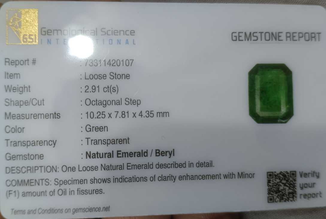 2.91ct GSI certified medium green emerald cut Zambian emerald 