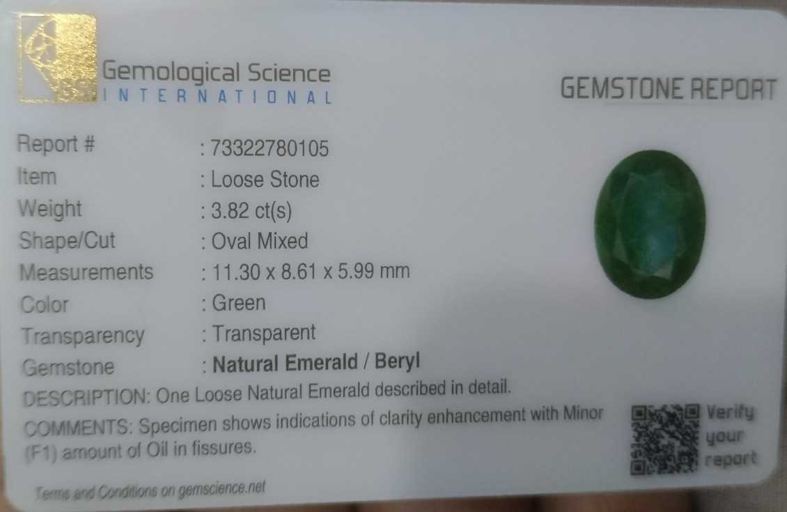 3.82ct GSI certified medium green emerald cut Zambian emerald 