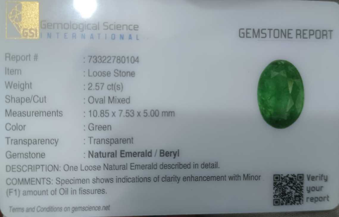 2.57ct GSI certified neon green oval cut Zambian emerald 