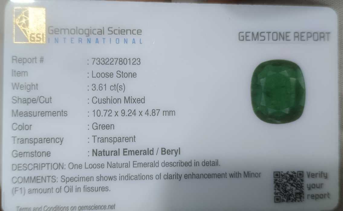 3.61ct GSI Certified cushion cut Swat emerald