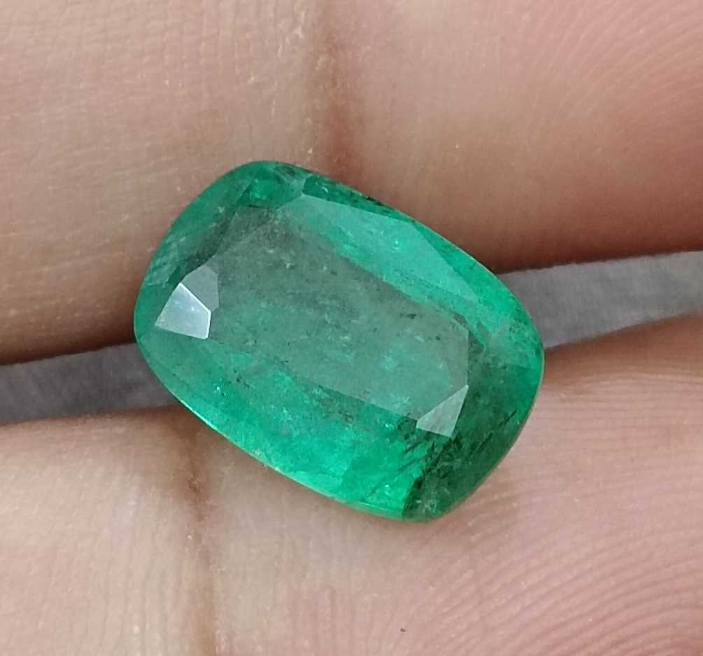 4.87ct medium deep green cushion cut Zambian emerald gem