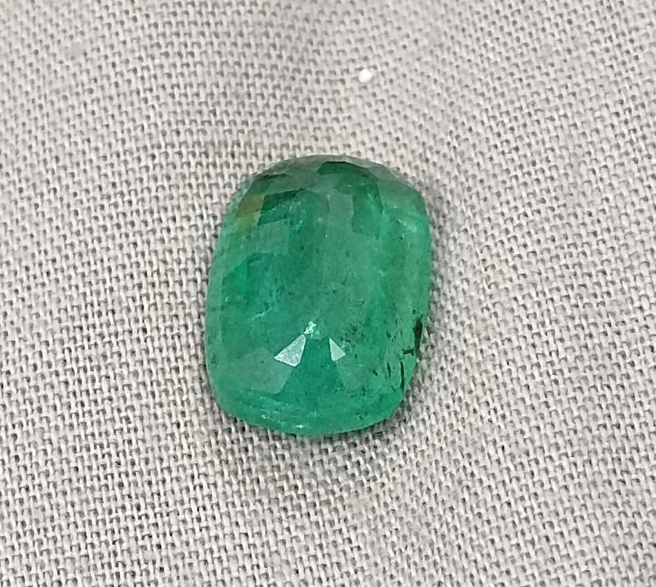 4.87ct medium deep green cushion cut Zambian emerald gem