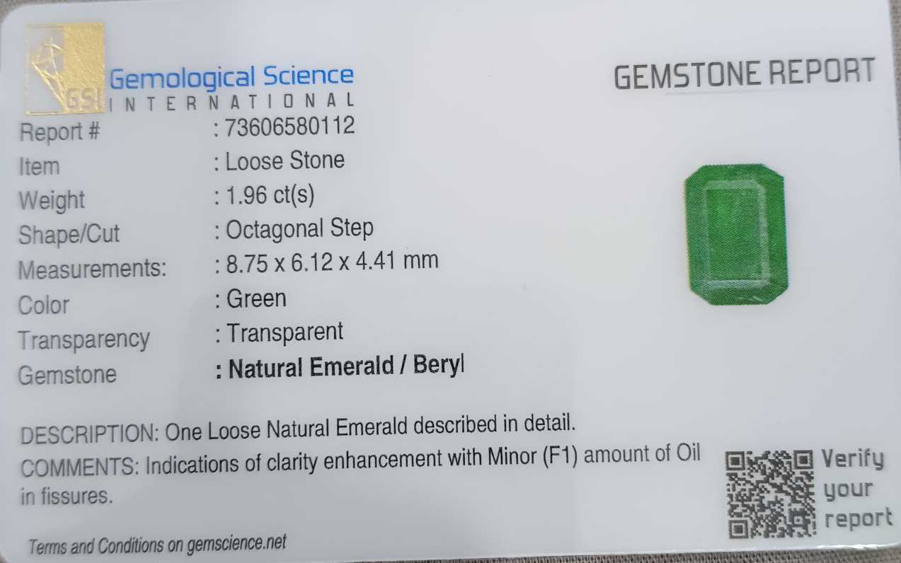 1.96ct Panjshir emerald GSI certified neon green octagon cut gemstone 