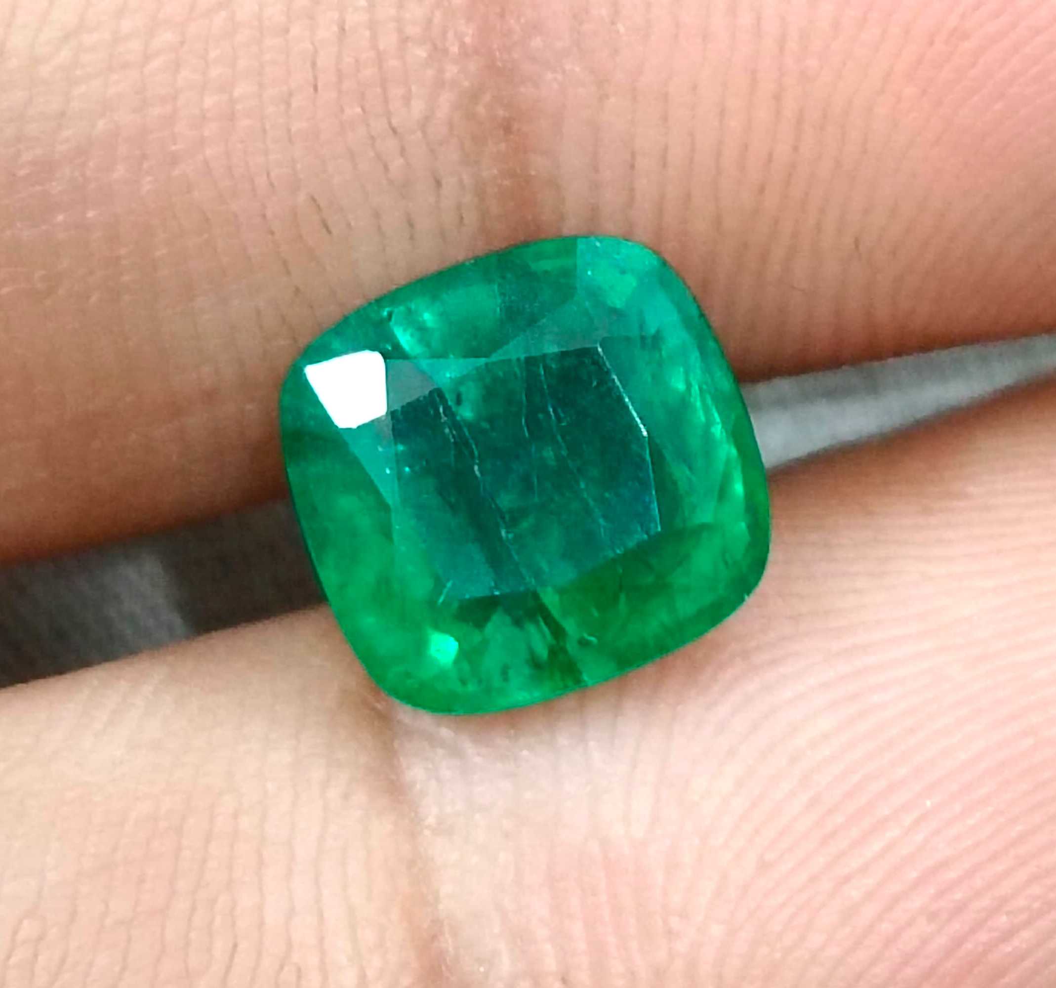3.46ct Vivid deep green cushion cut natural certified Zambian Emerald