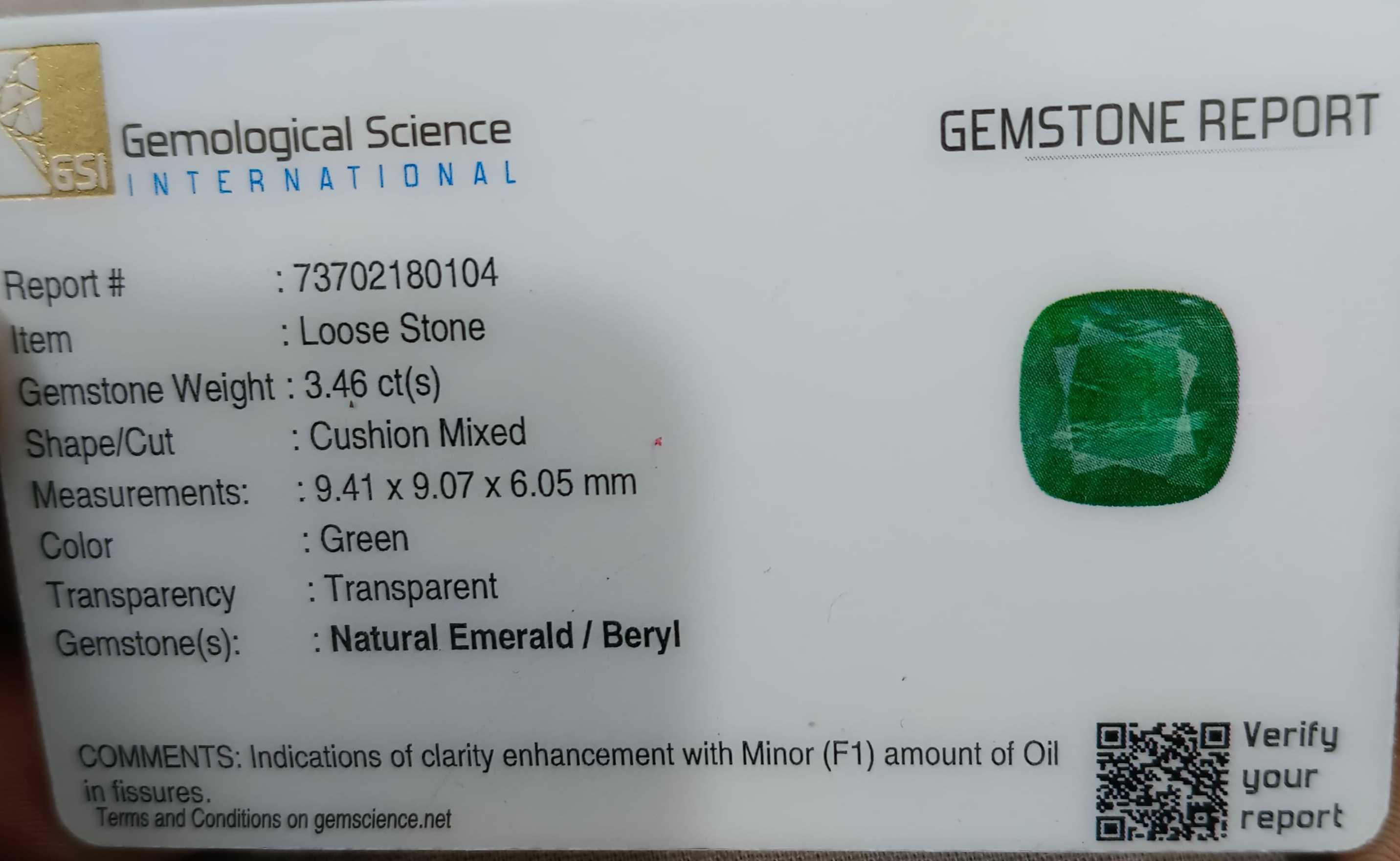 3.46ct Vivid deep green cushion cut natural certified Zambian Emerald
