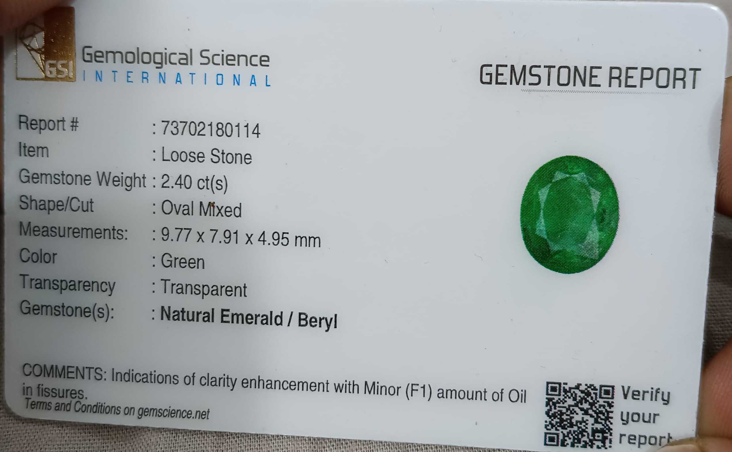 2.40ct Neon green oval cut natural certified Zambian emerald