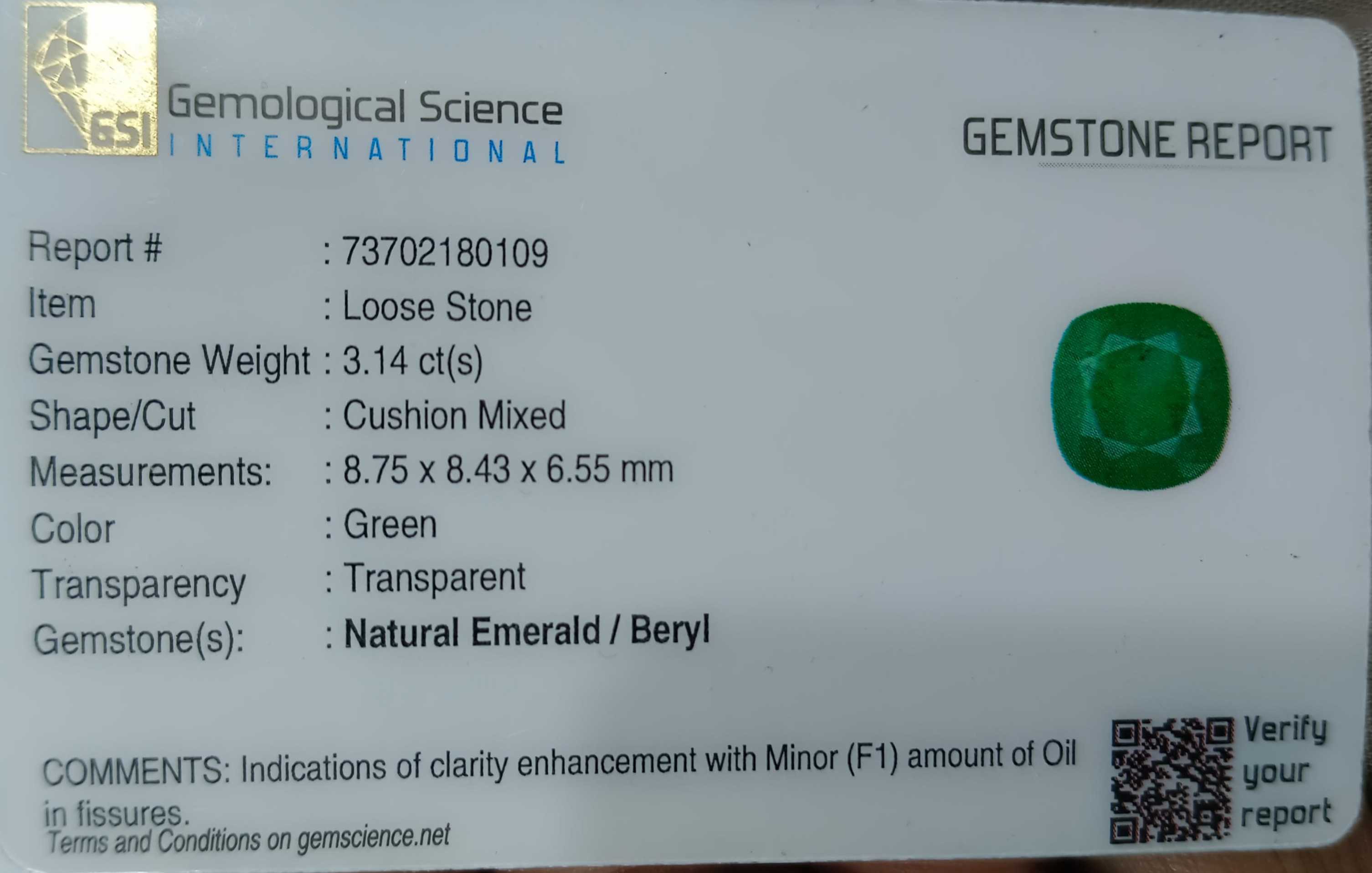 3.14ct Colombian emerald cushion cut deep pure velvet green certified 