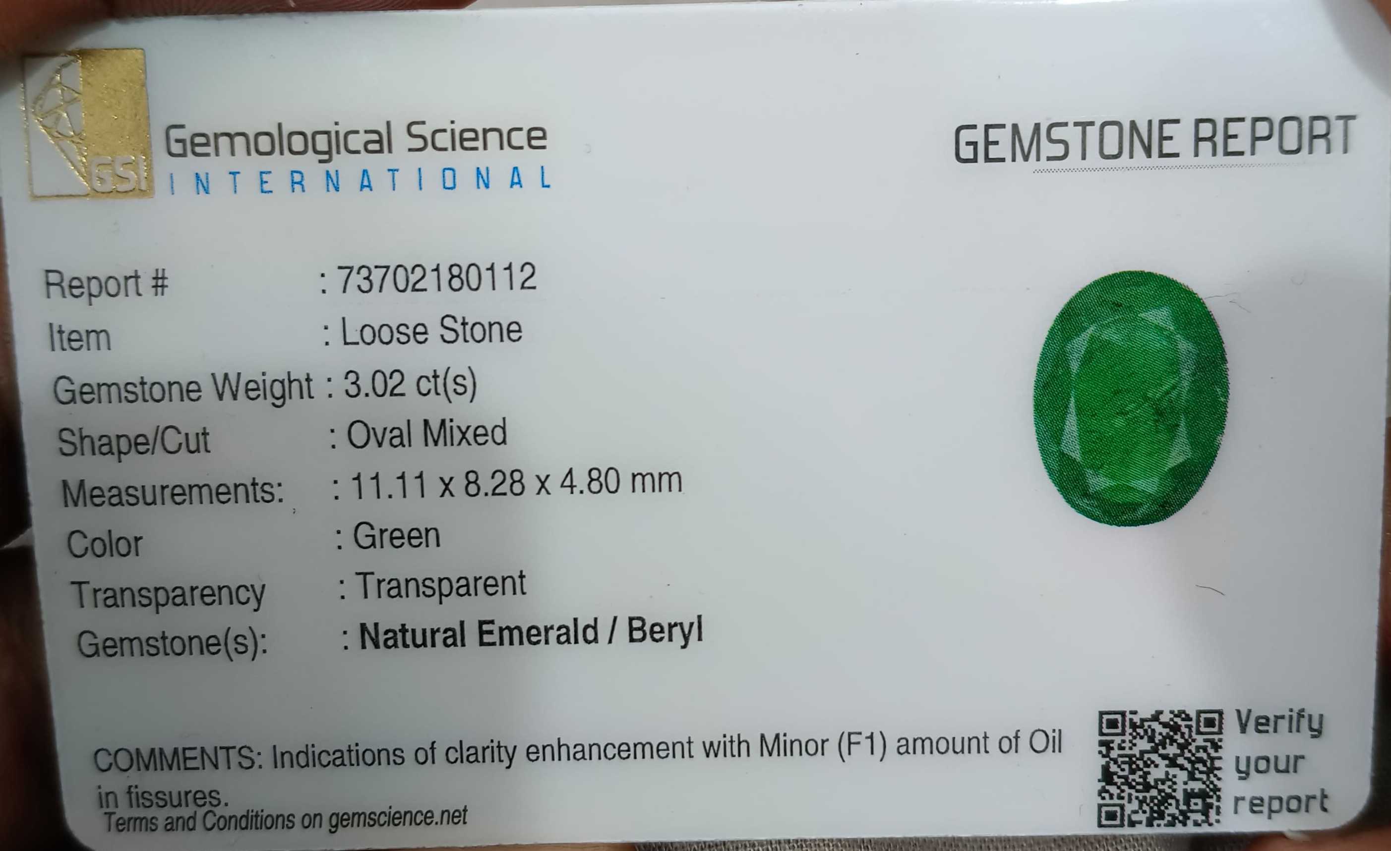 3.02ct GSI USA certified alpine green natural oval cut Zambian emerald 