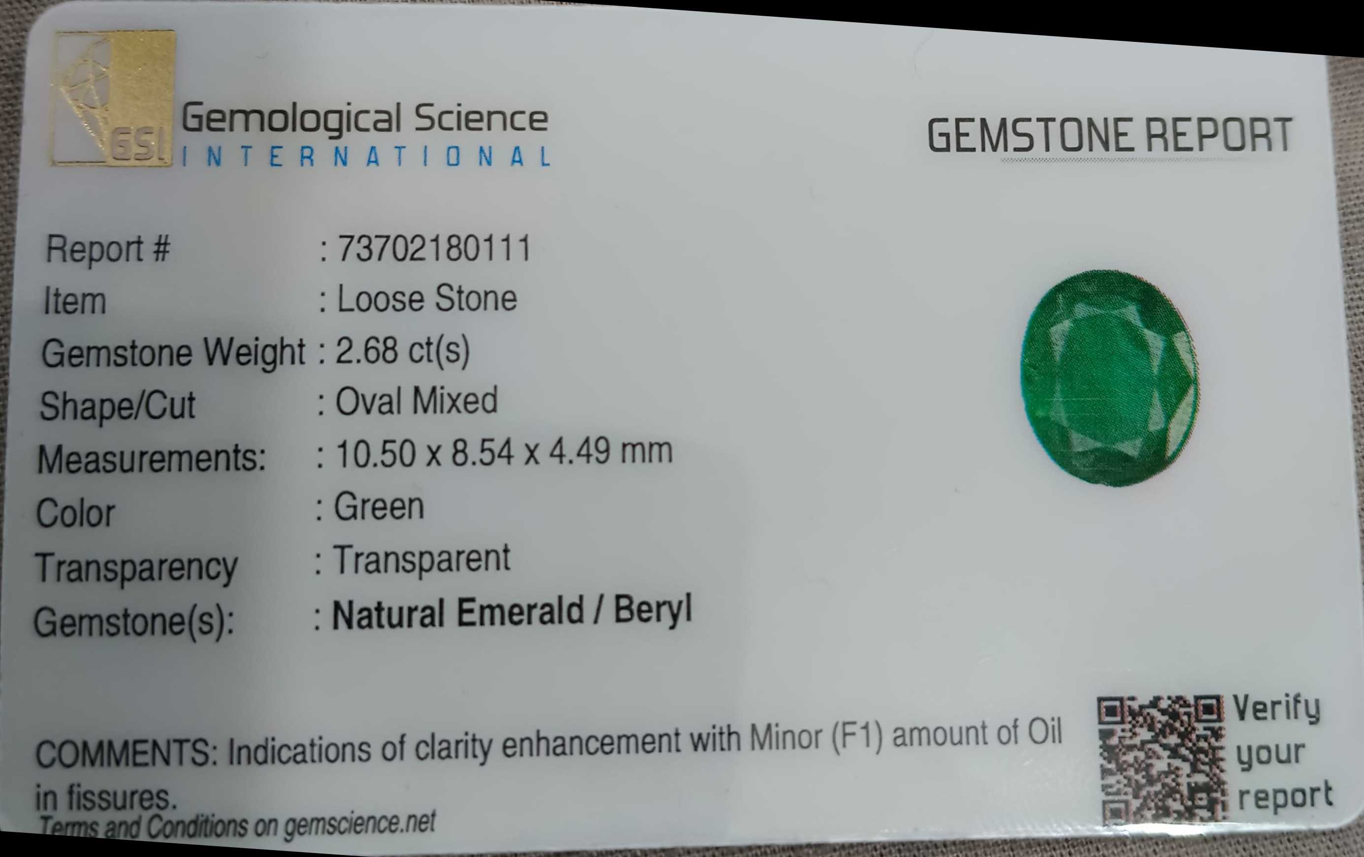 2.68ct Vivid green oval cut certified natural Zambian emerald 