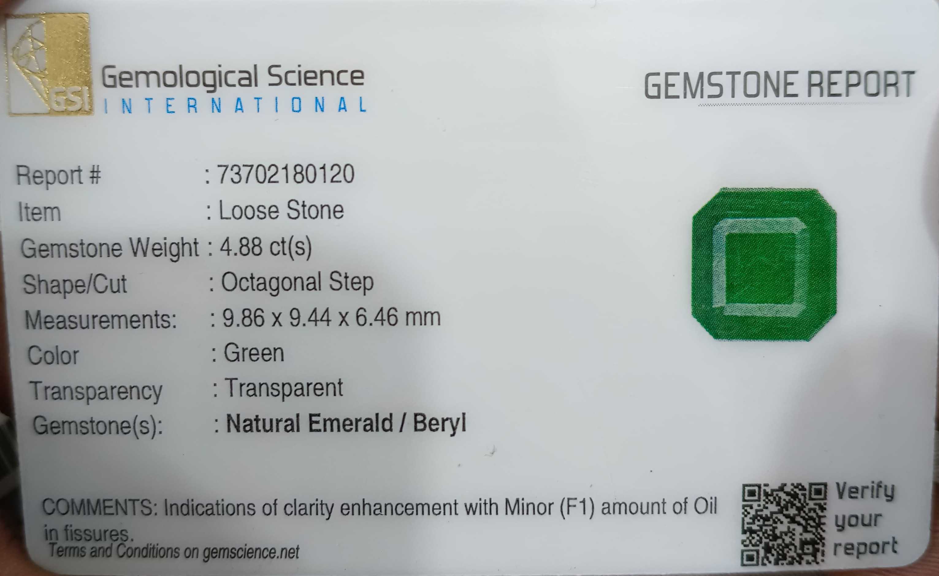 4.88ct GSI certified medium green octagon cut Zambian emerald stone