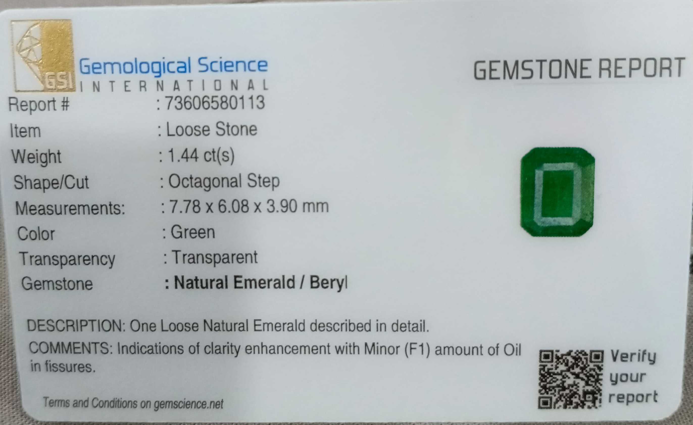 1.44ct GSI certified deep green octagon cut Zambian emerald stone 
