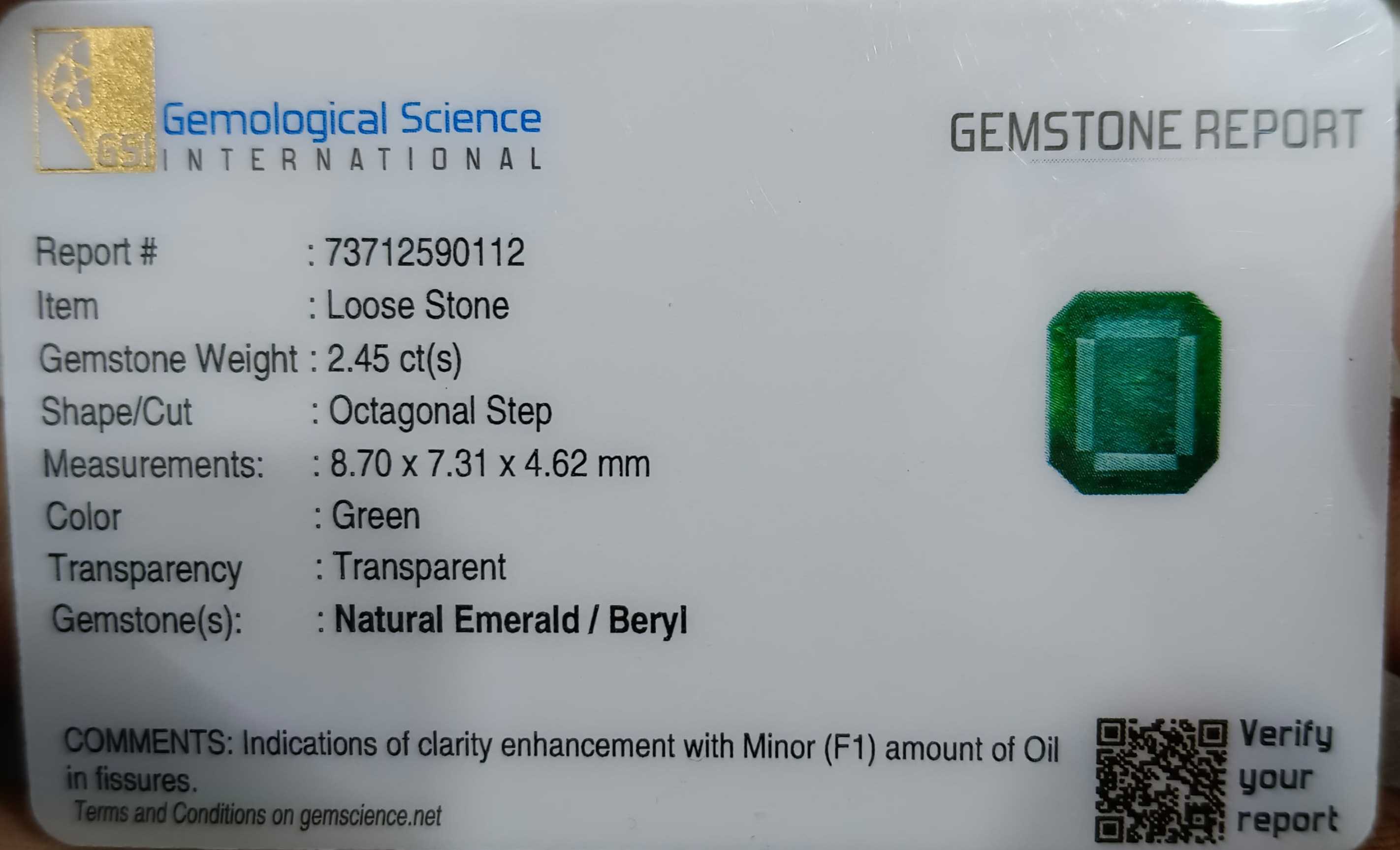2.45ct Deep green certified octagon cut natural Zambian emerald