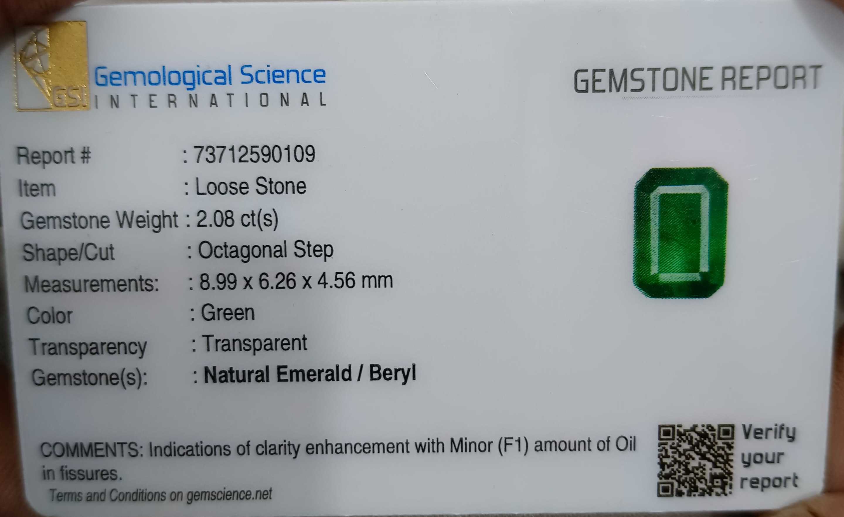 2.08ct Deep green GSI certified natural octagon cut Zambian Emerald